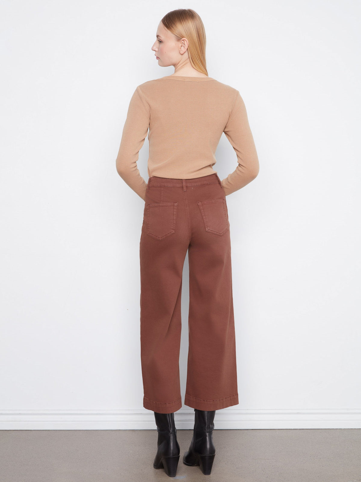 Cropped Patch Pocket Wide Leg Twill Pants - Chocolate