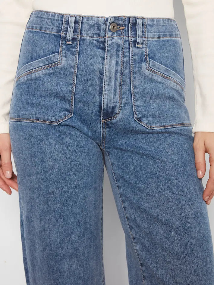 Cropped Wide Leg Stretch Jeans - Medium Blue