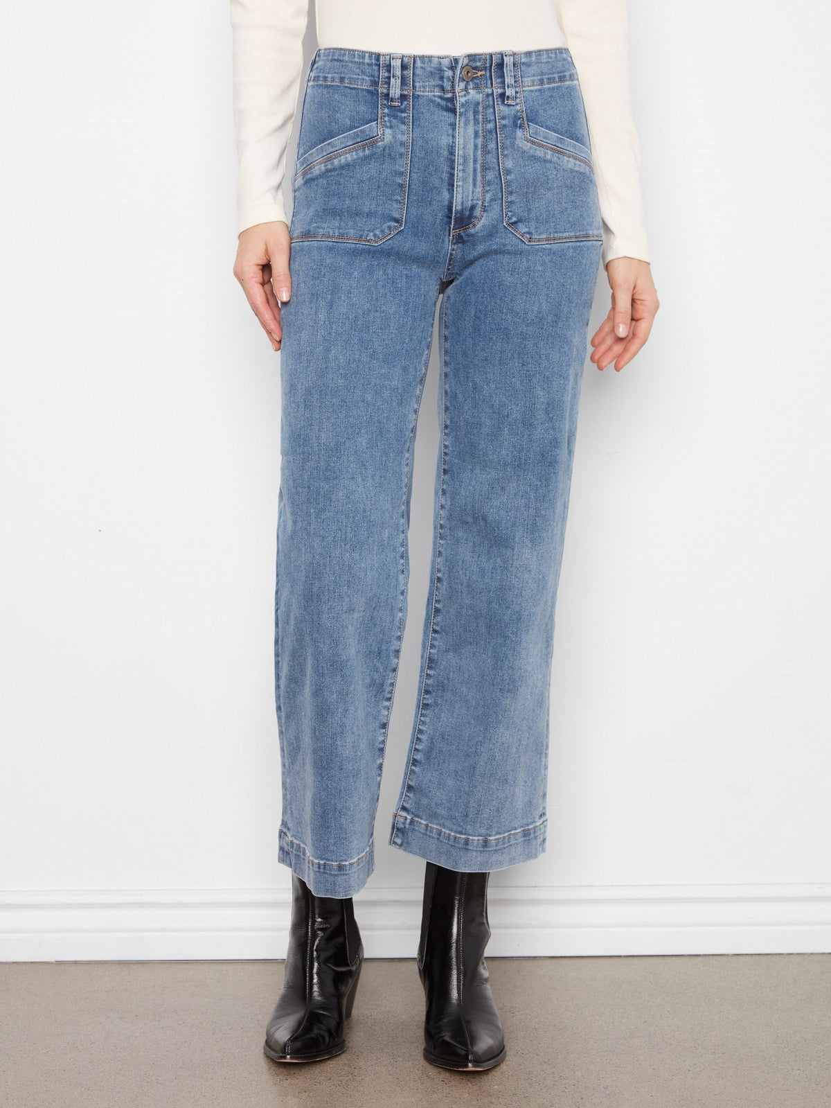 Cropped Wide Leg Stretch Jeans - Medium Blue