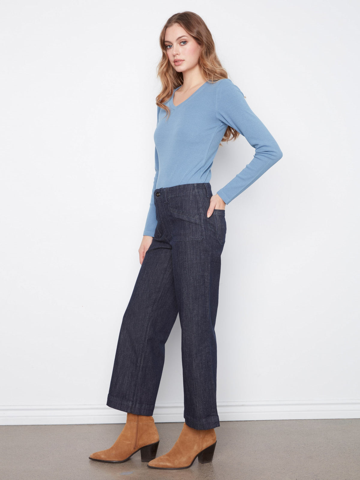 Cropped Wide Leg Stretch Jeans - Deep Blue
