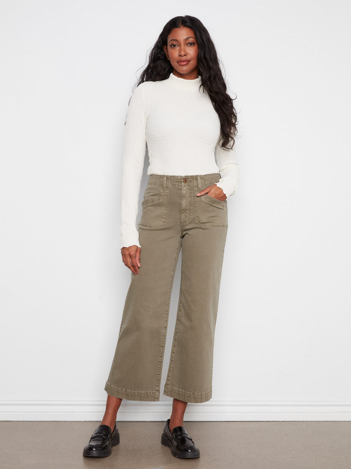 Cropped Wide Leg Stretch Twill Pants - Verveine