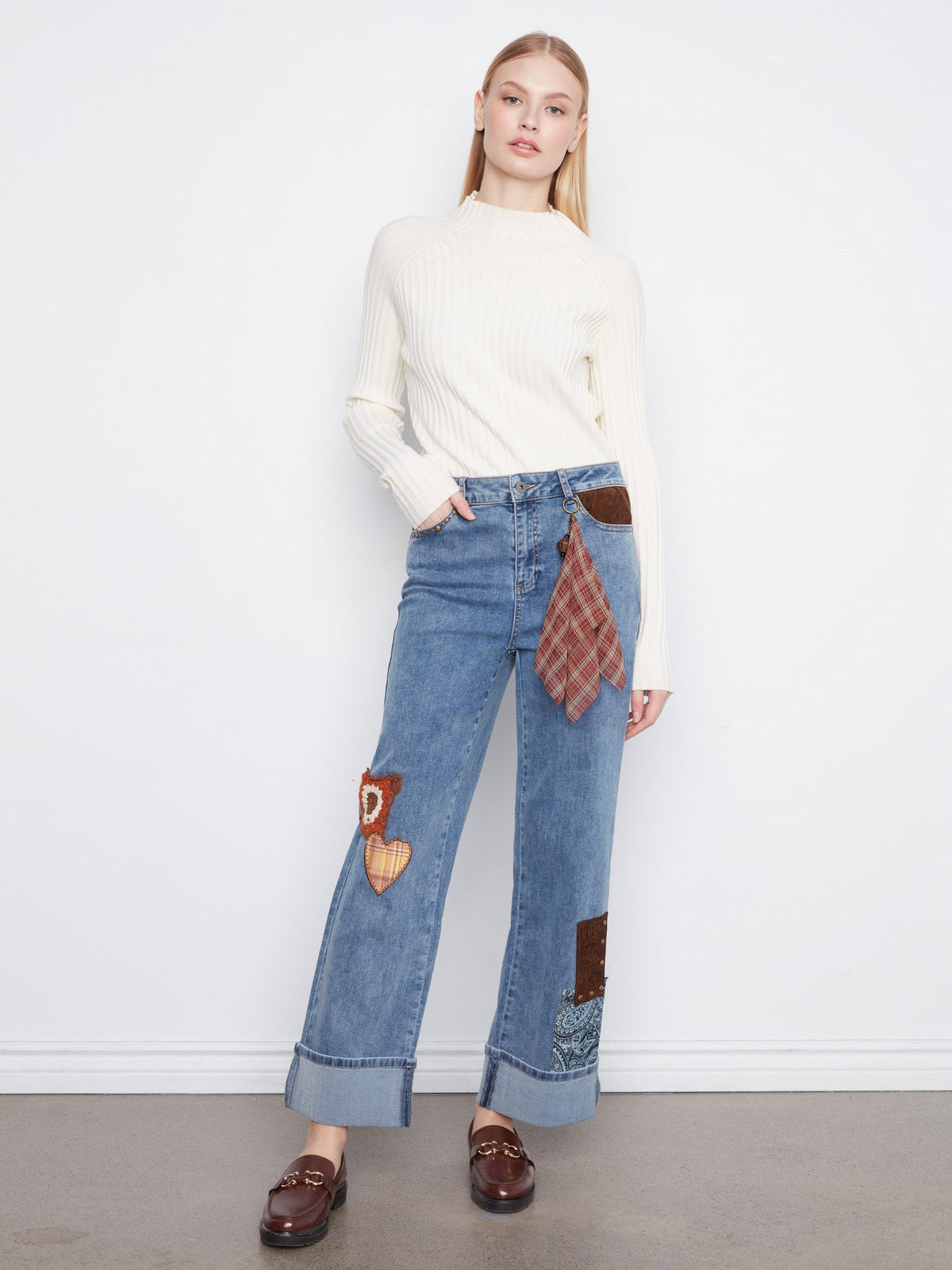 Cuffed Straight Leg Patchwork Jeans - Medium Blue