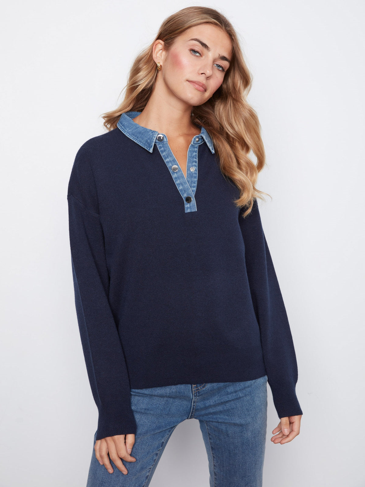 Denim Trim Polo Sweater - Navy