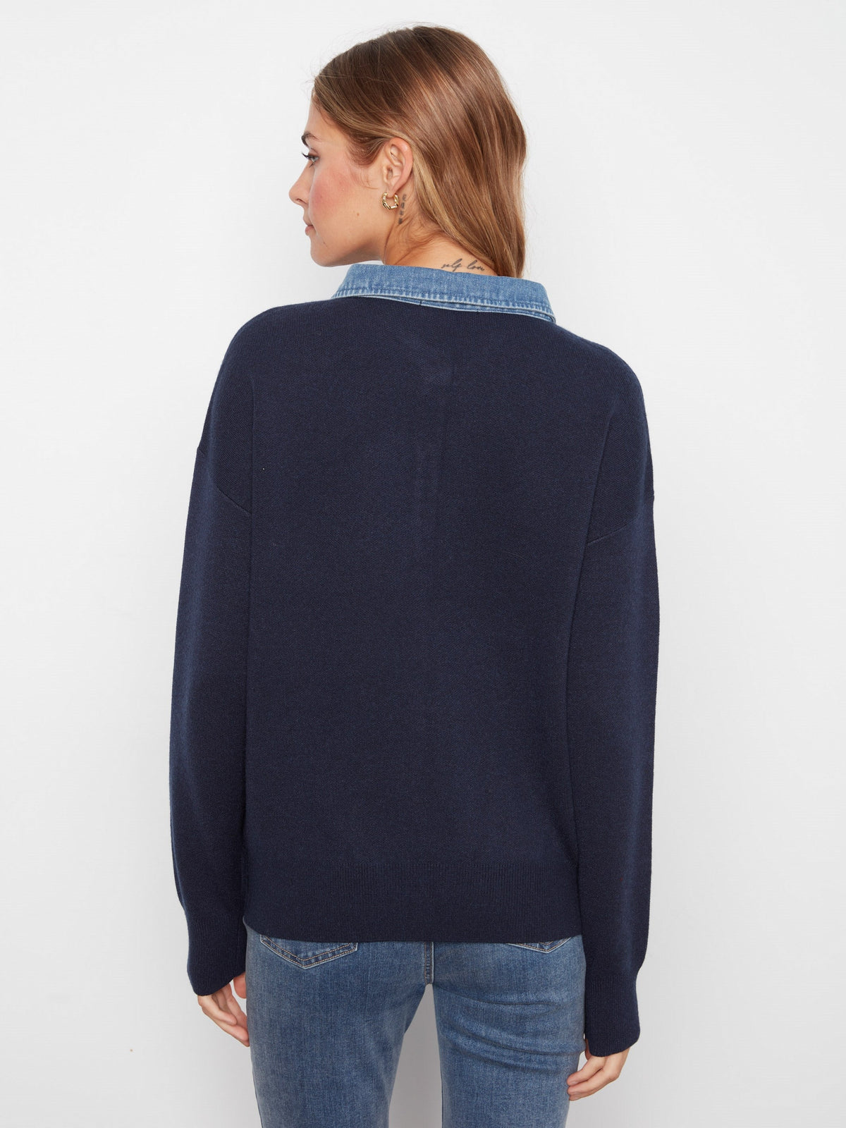 Denim Trim Polo Sweater - Navy