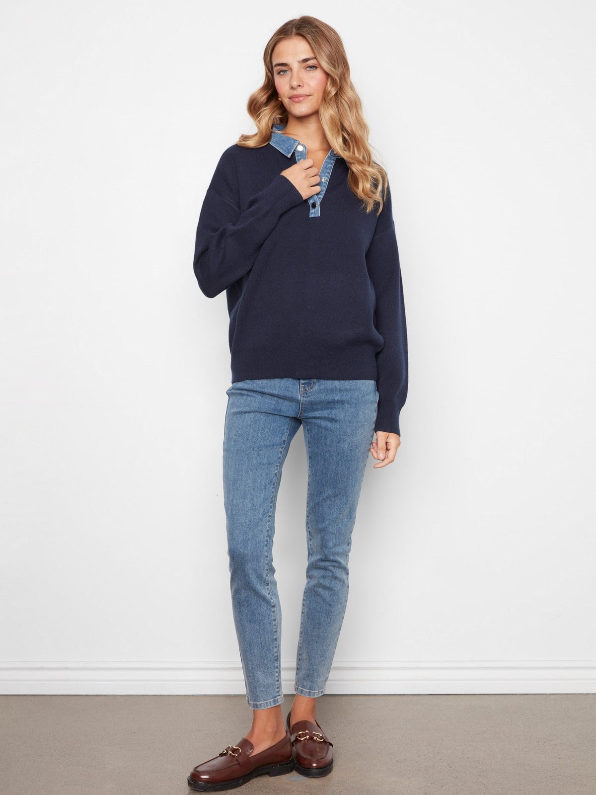 Denim Trim Polo Sweater - Navy