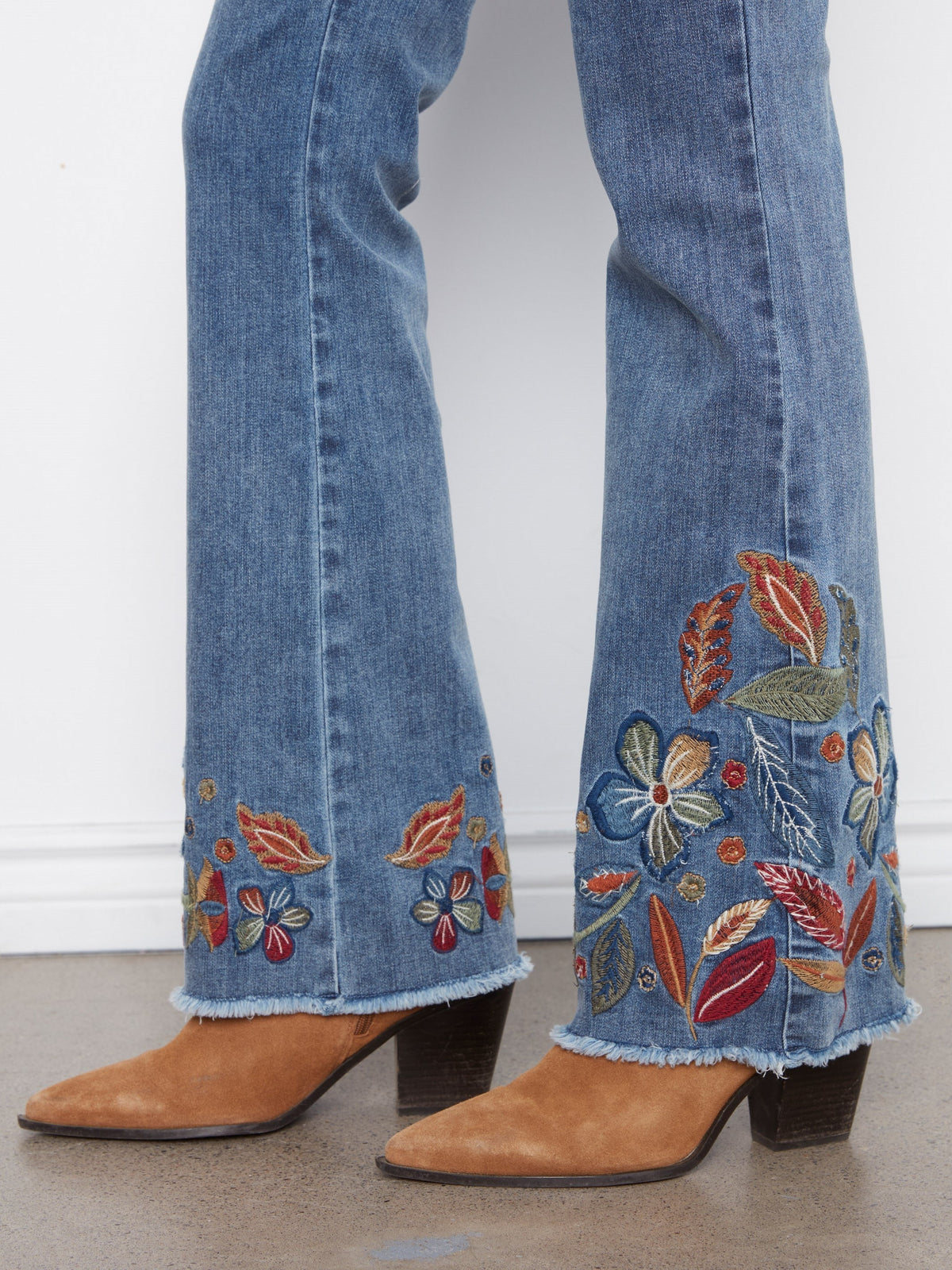Flare Jeans With Floral Hem Embroidery - Medium Blue