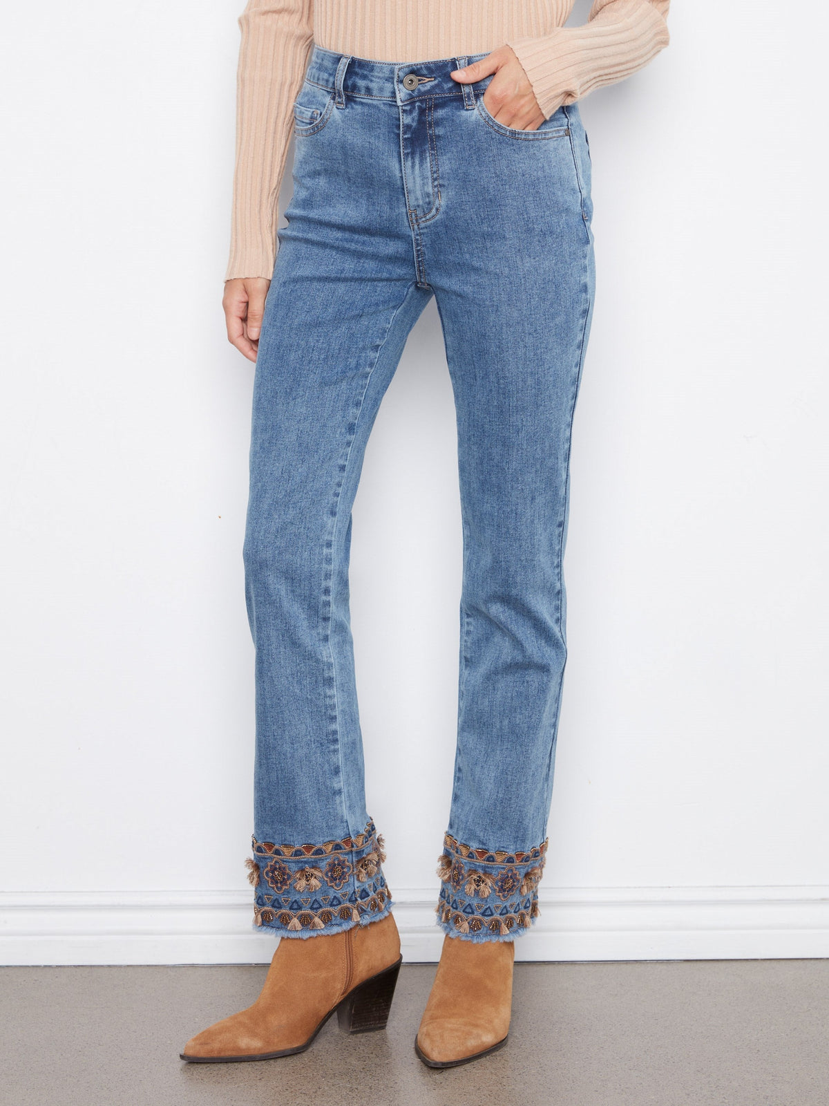 Flare Leg Jeans With Embroidered Fringe Hem - Medium Blue