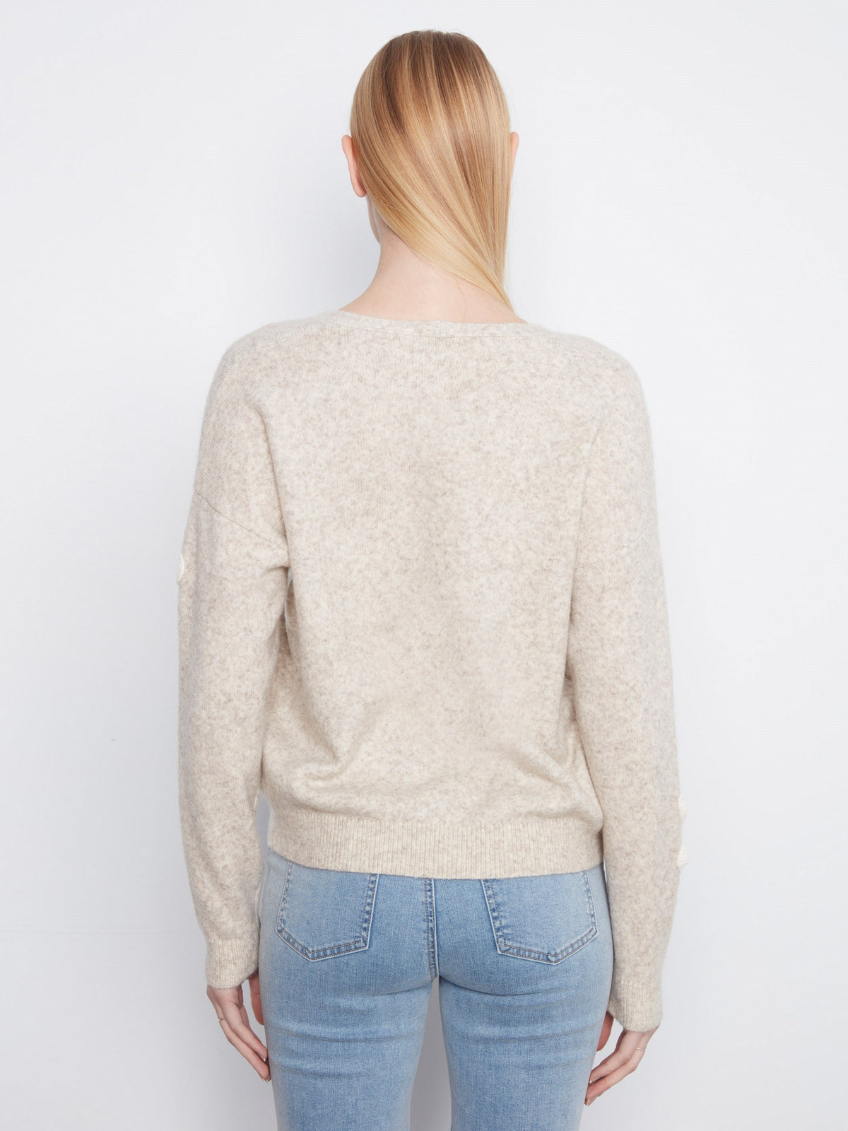 Floral Appliqué V-Neck Sweater - Heather Almond