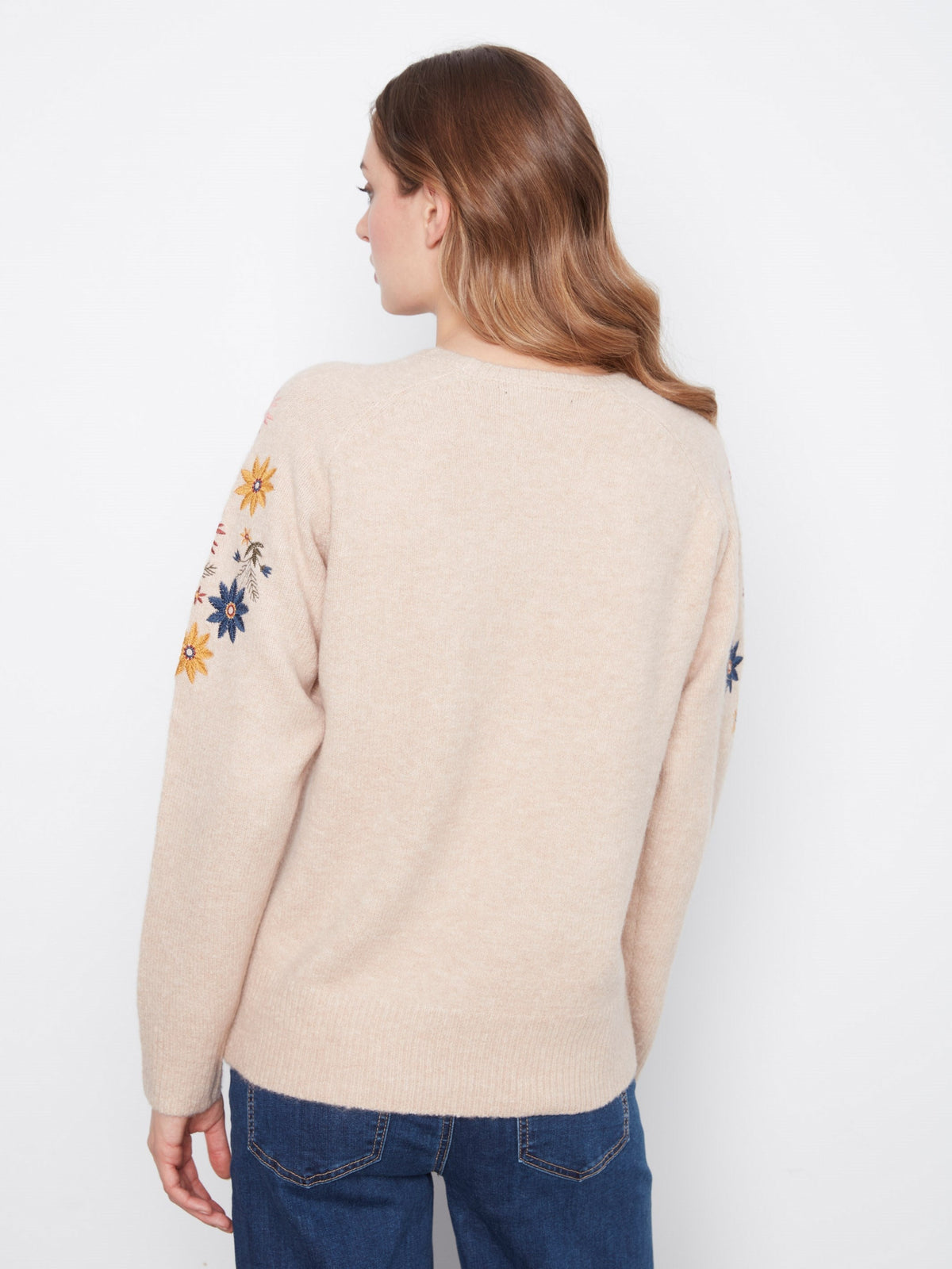Floral Embroidered Raglan Sweater - Heather Almond