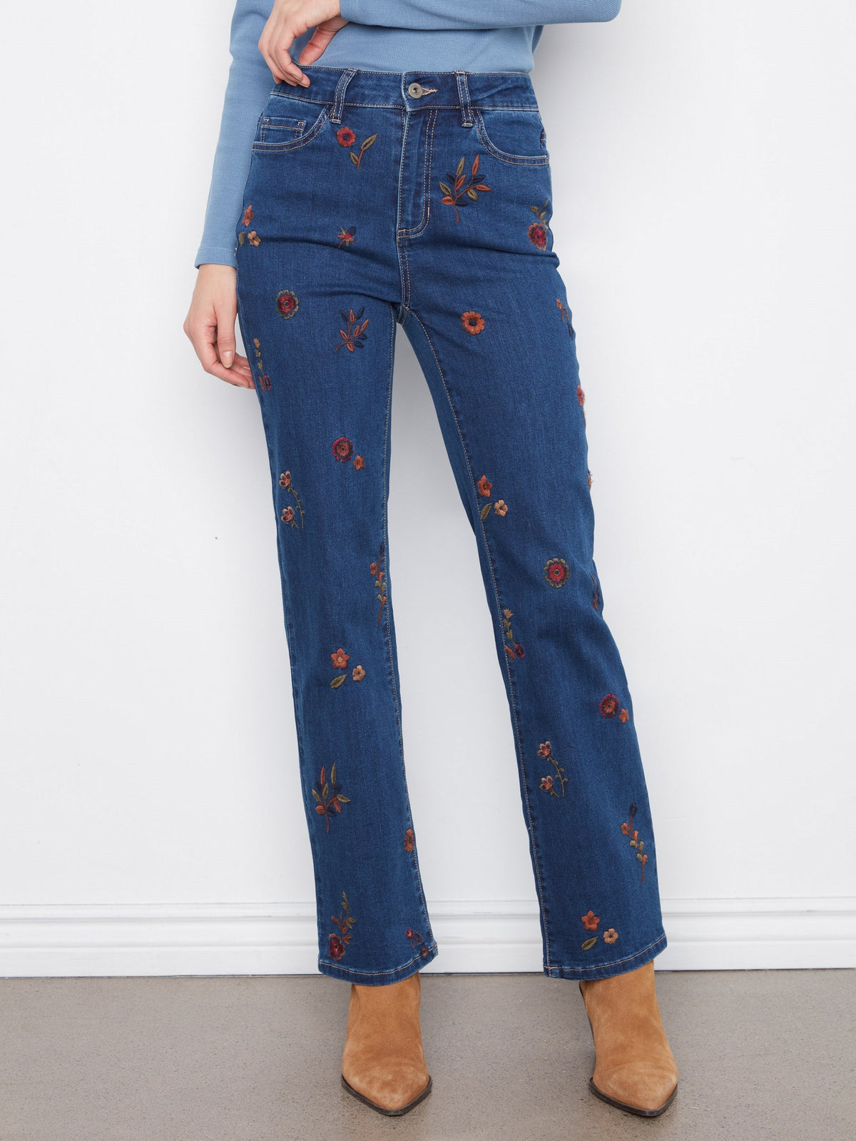 Floral Embroidered Straight Leg Jeans - Indigo