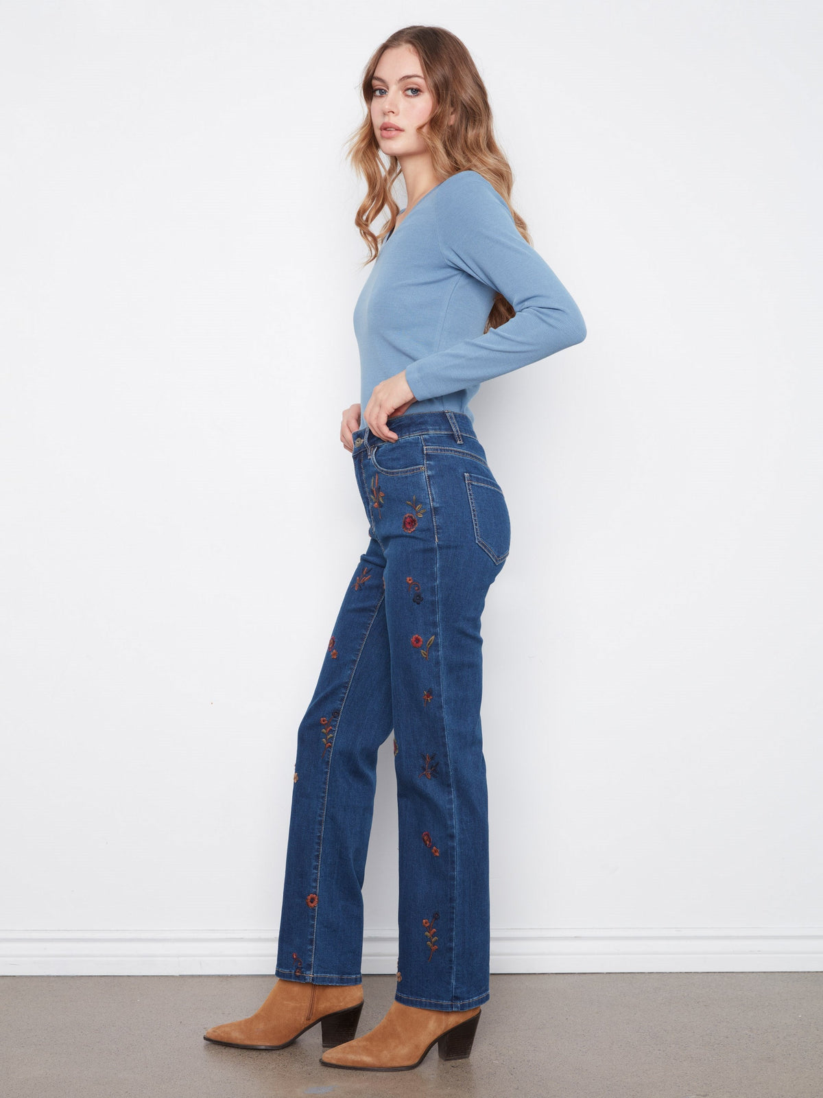Floral Embroidered Straight Leg Jeans - Indigo