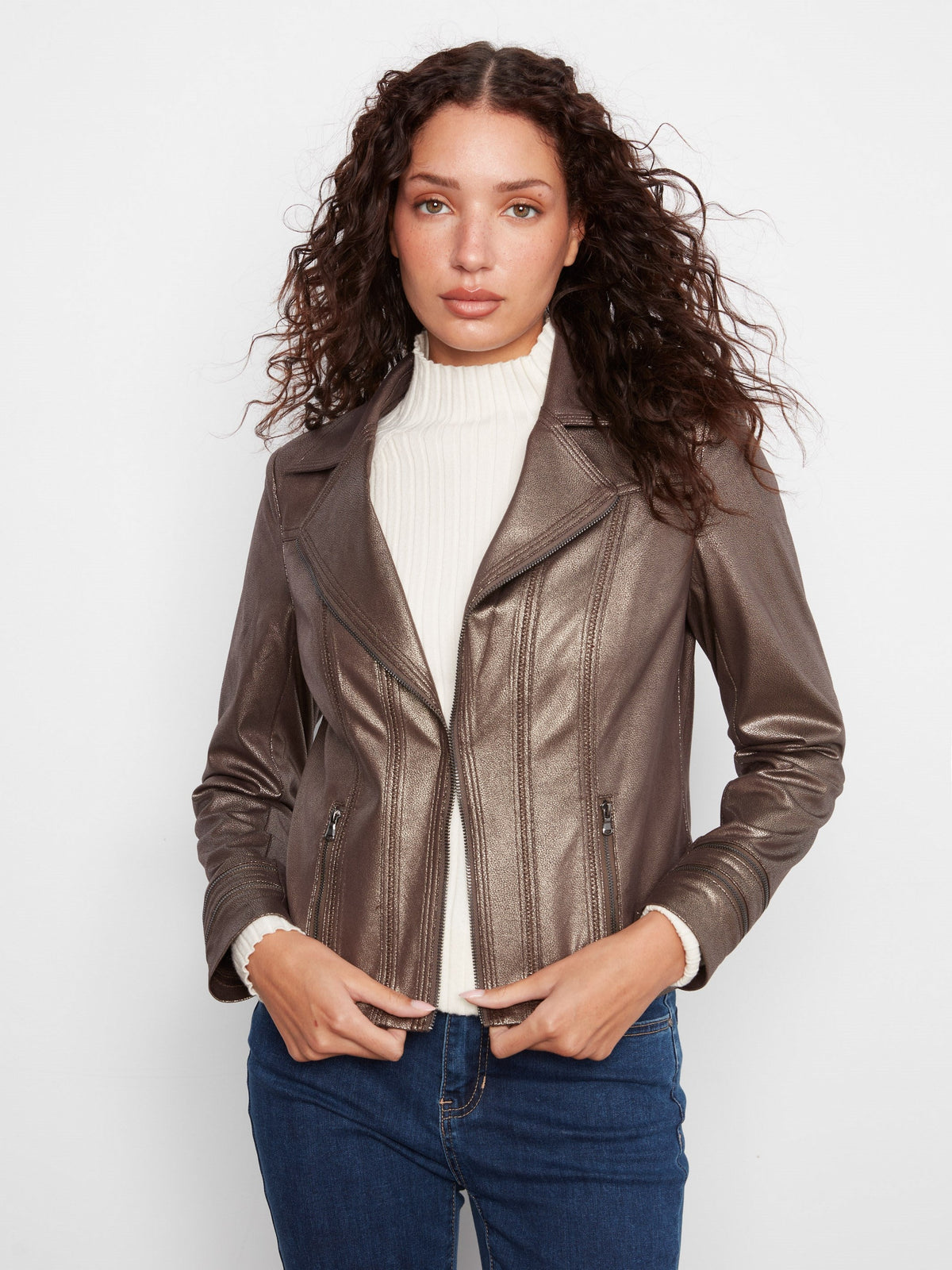 Foiled Vintage Faux Leather Jacket - Hunter