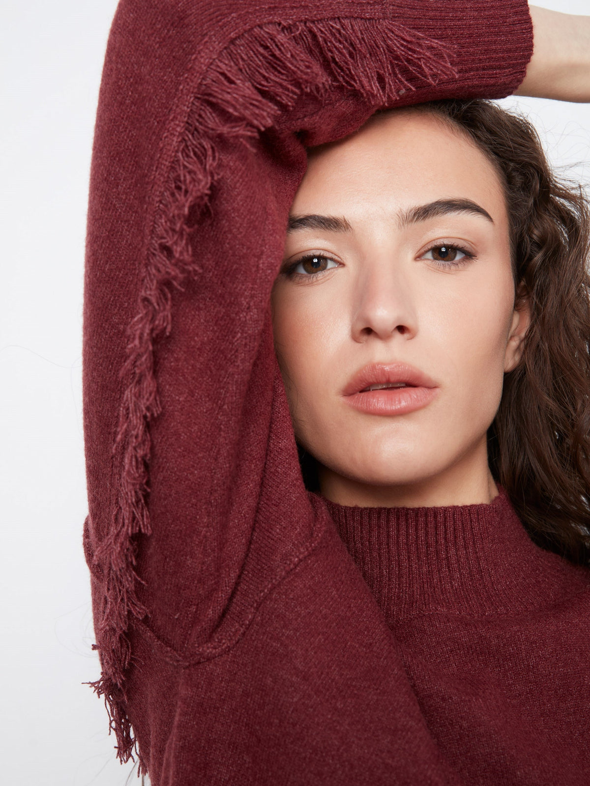 Fringe Detail Mock Neck Sweater - Heather Merlot