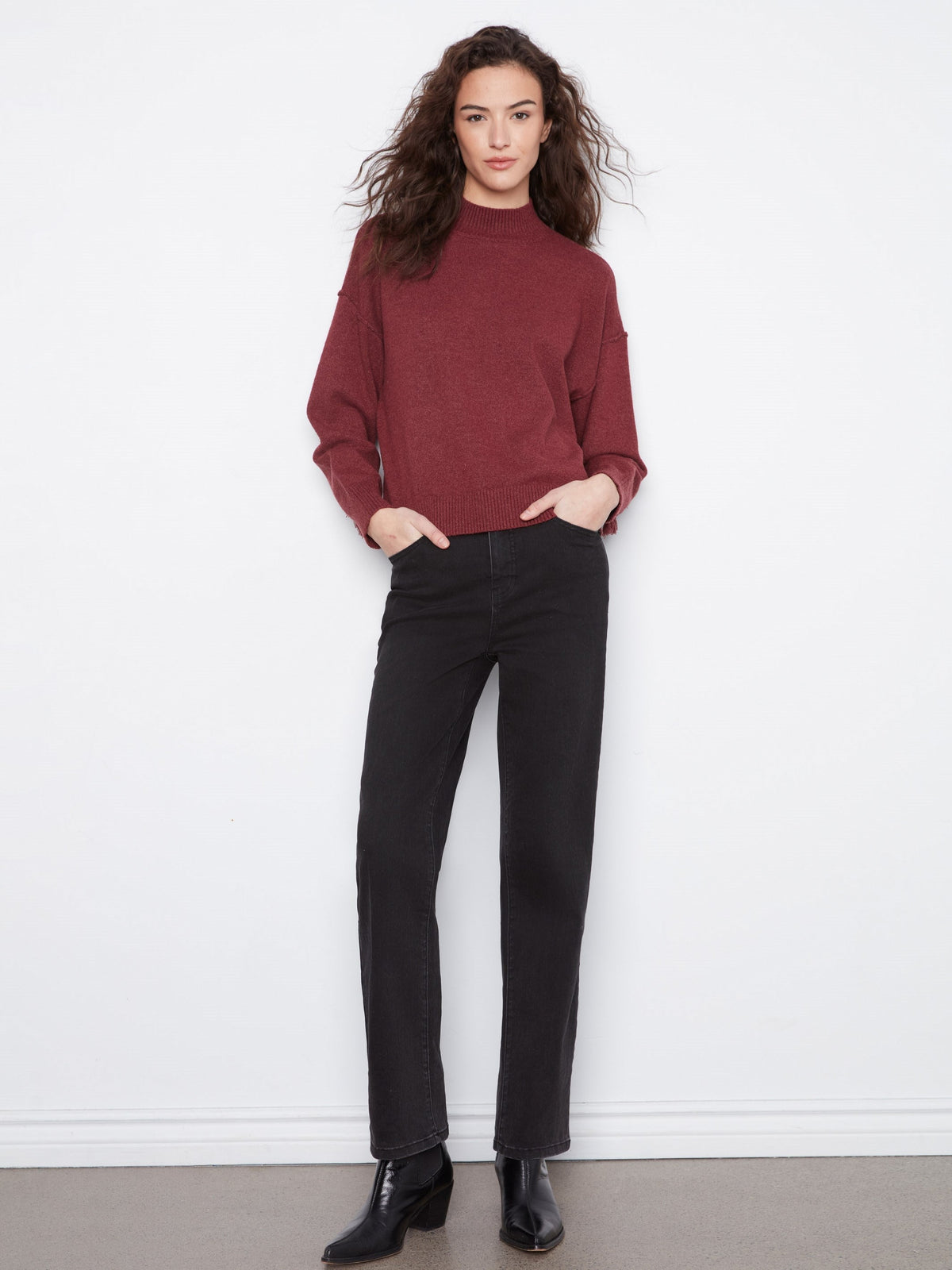Fringe Detail Mock Neck Sweater - Heather Merlot