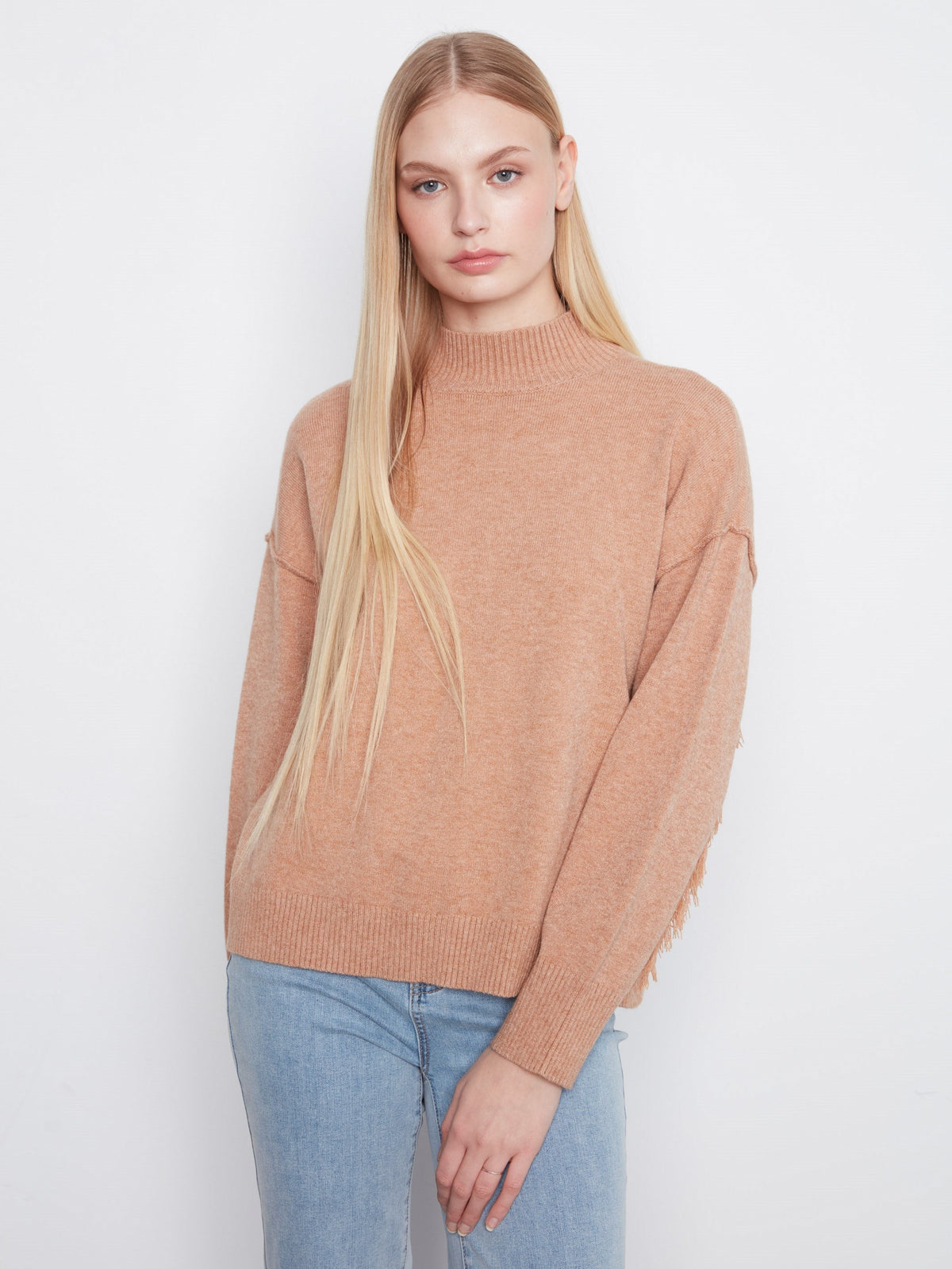 Fringe Detail Mock Neck Sweater - Heather Truffle