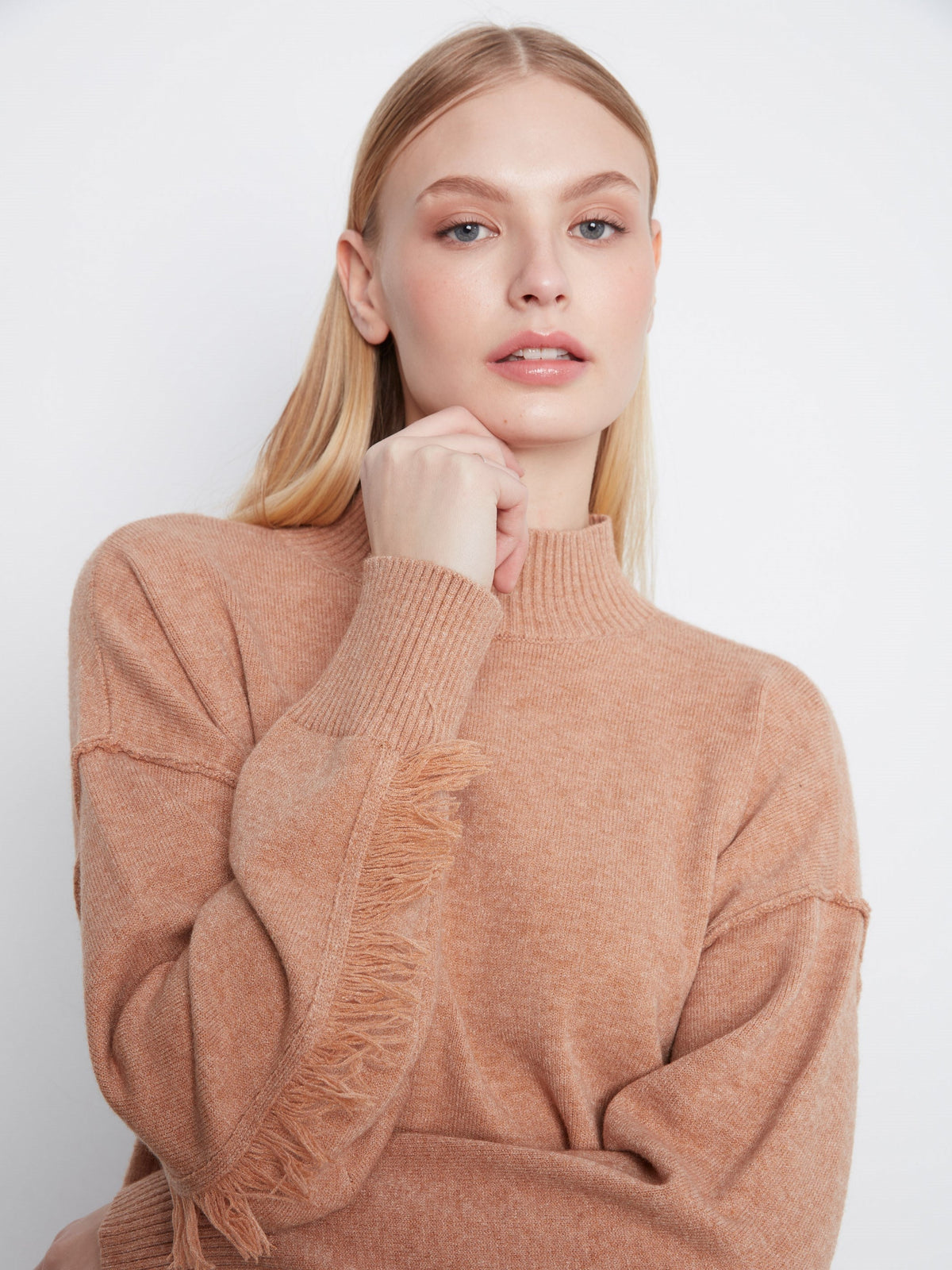 Fringe Detail Mock Neck Sweater - Heather Truffle