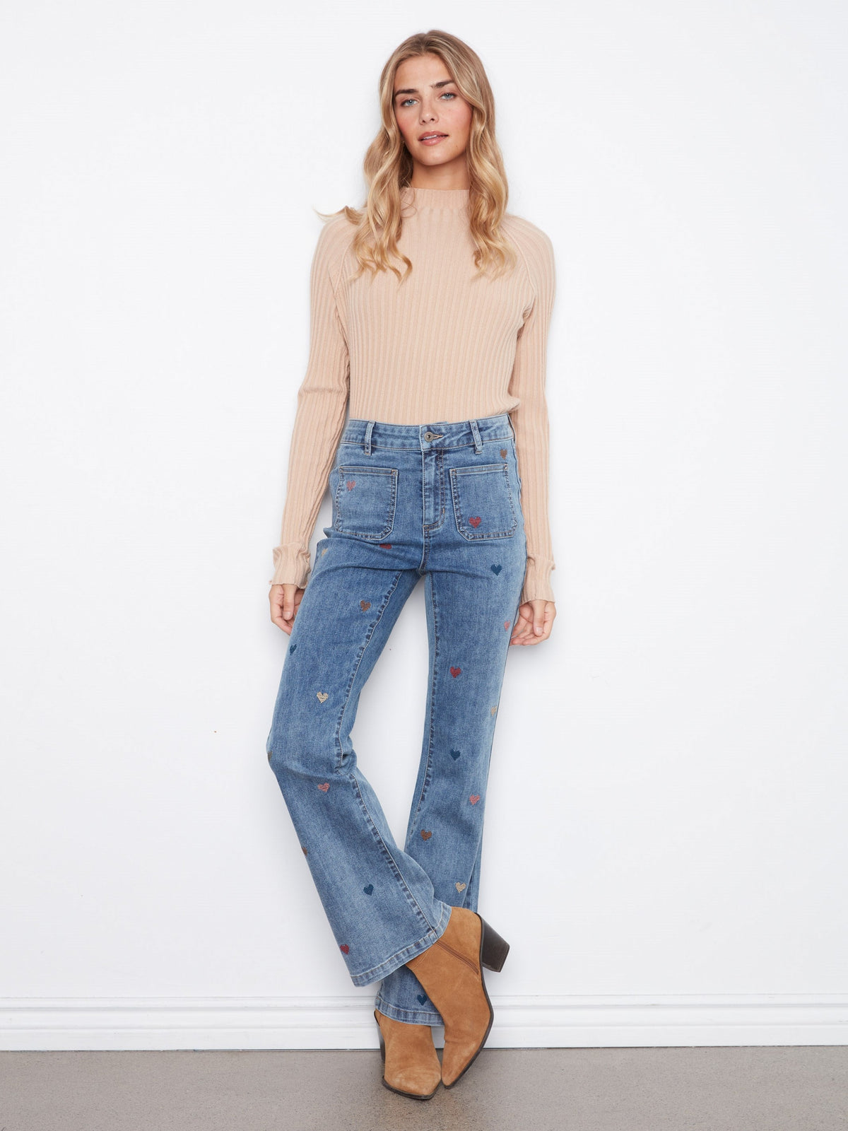 Heart Embroidered Flare Leg Jeans - Medium Blue