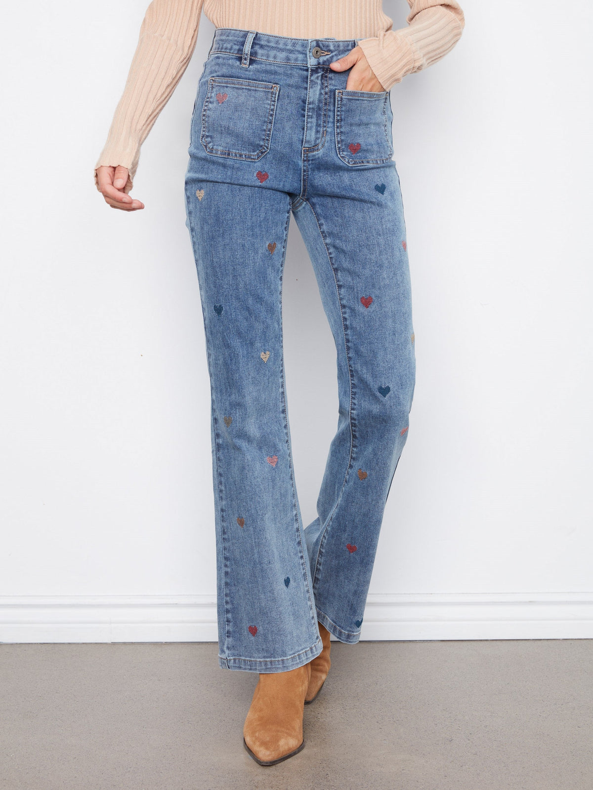 Heart Embroidered Flare Leg Jeans - Medium Blue