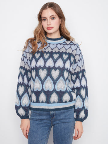 Heart Jacquard Mock Neck Sweater - Navy
