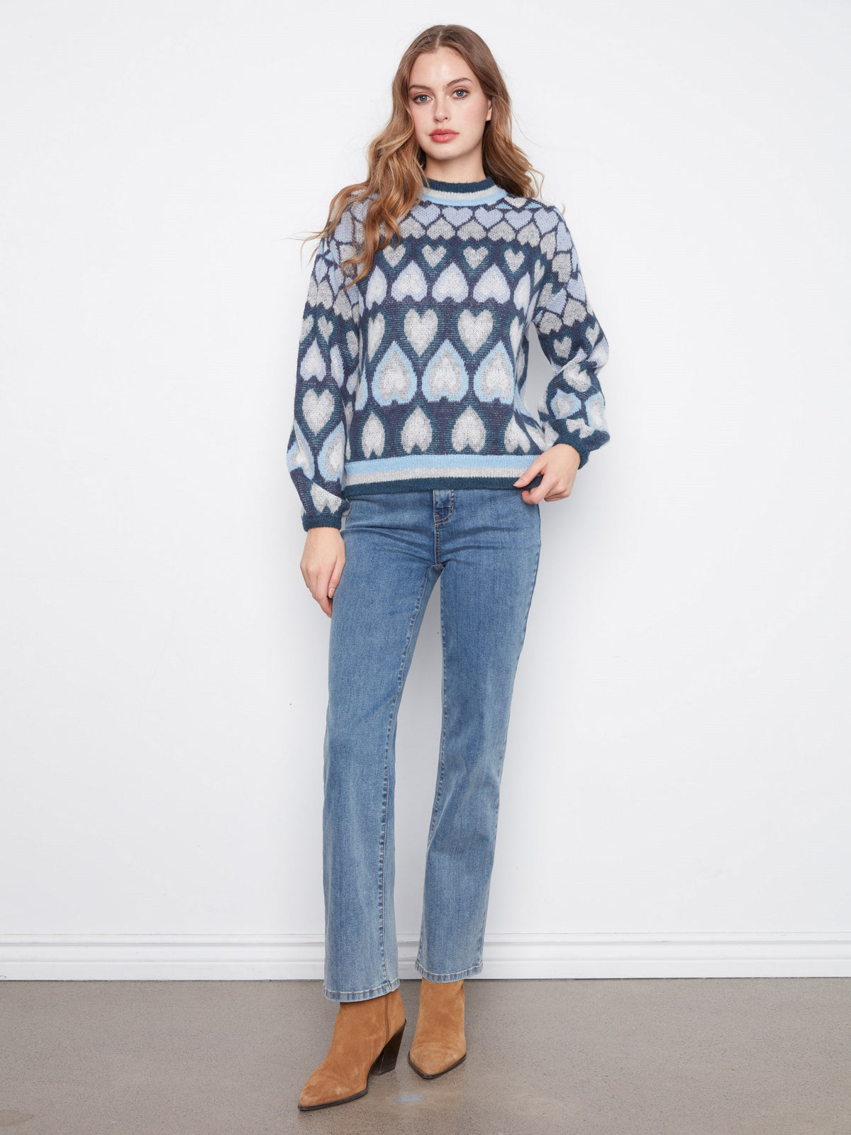 Heart Jacquard Mock Neck Sweater - Navy
