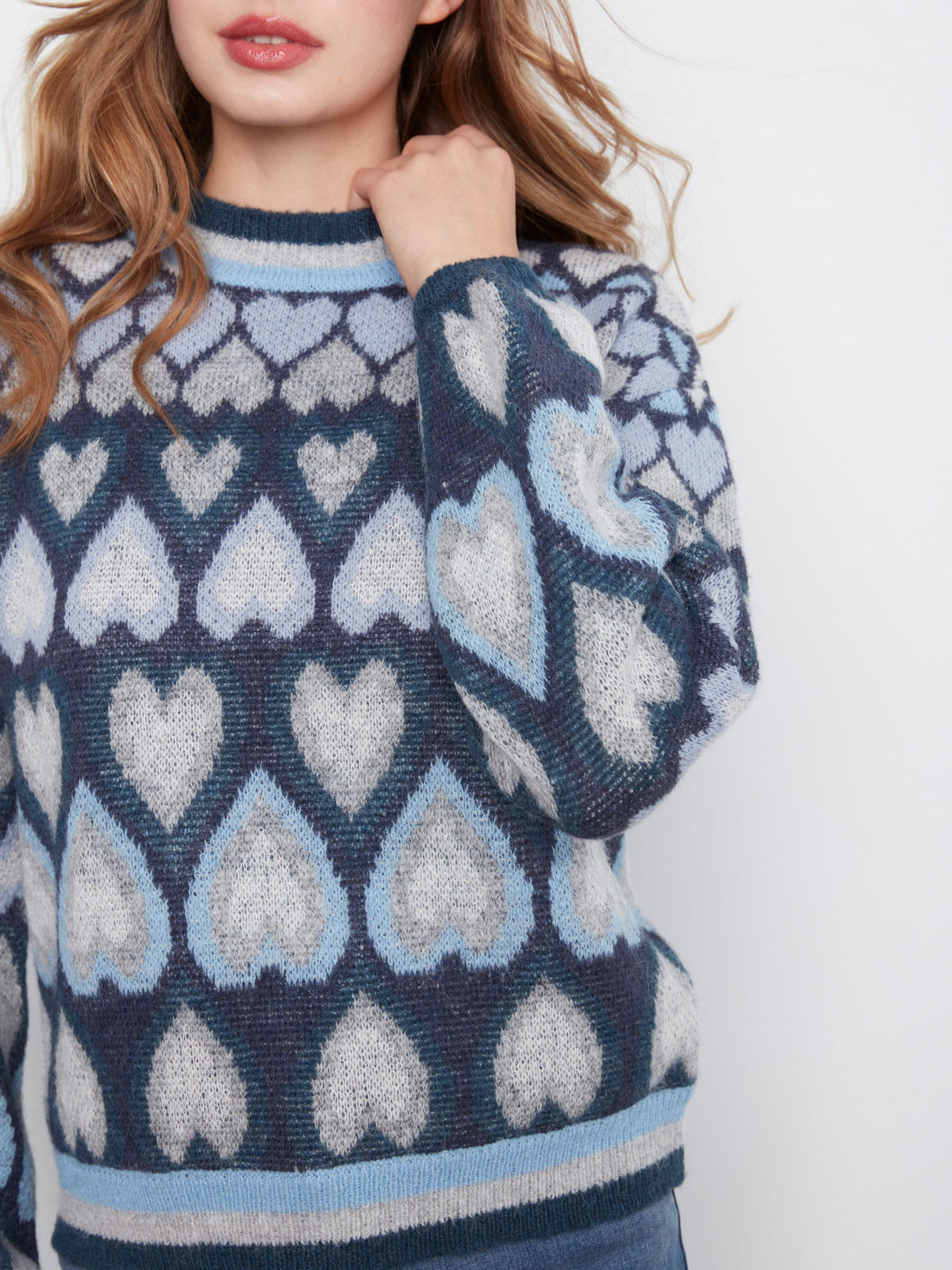 Heart Jacquard Mock Neck Sweater - Navy