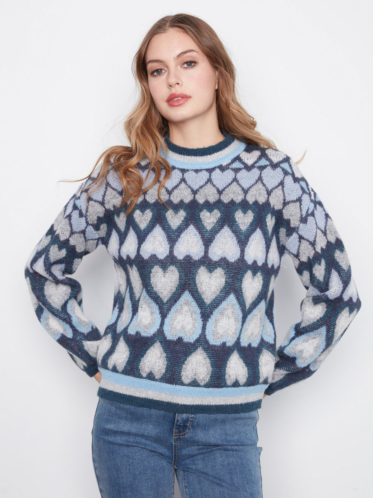 Heart Jacquard Mock Neck Sweater - Navy