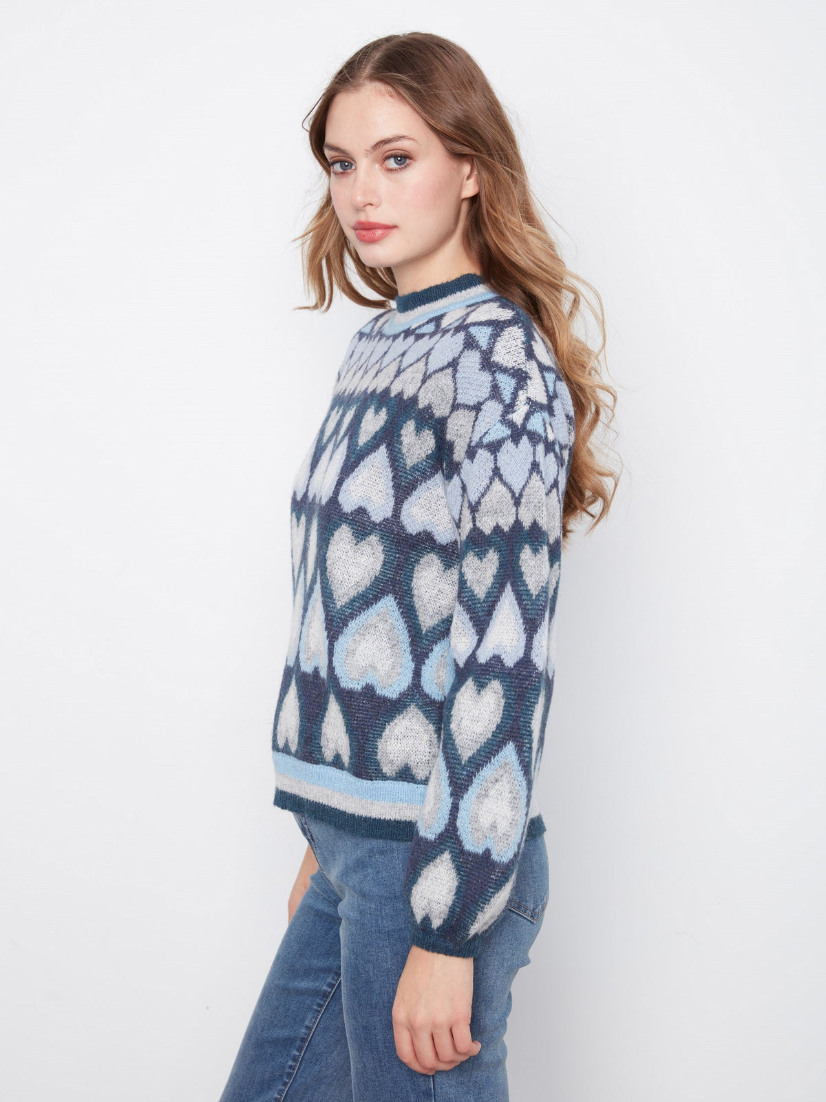 Heart Jacquard Mock Neck Sweater - Navy