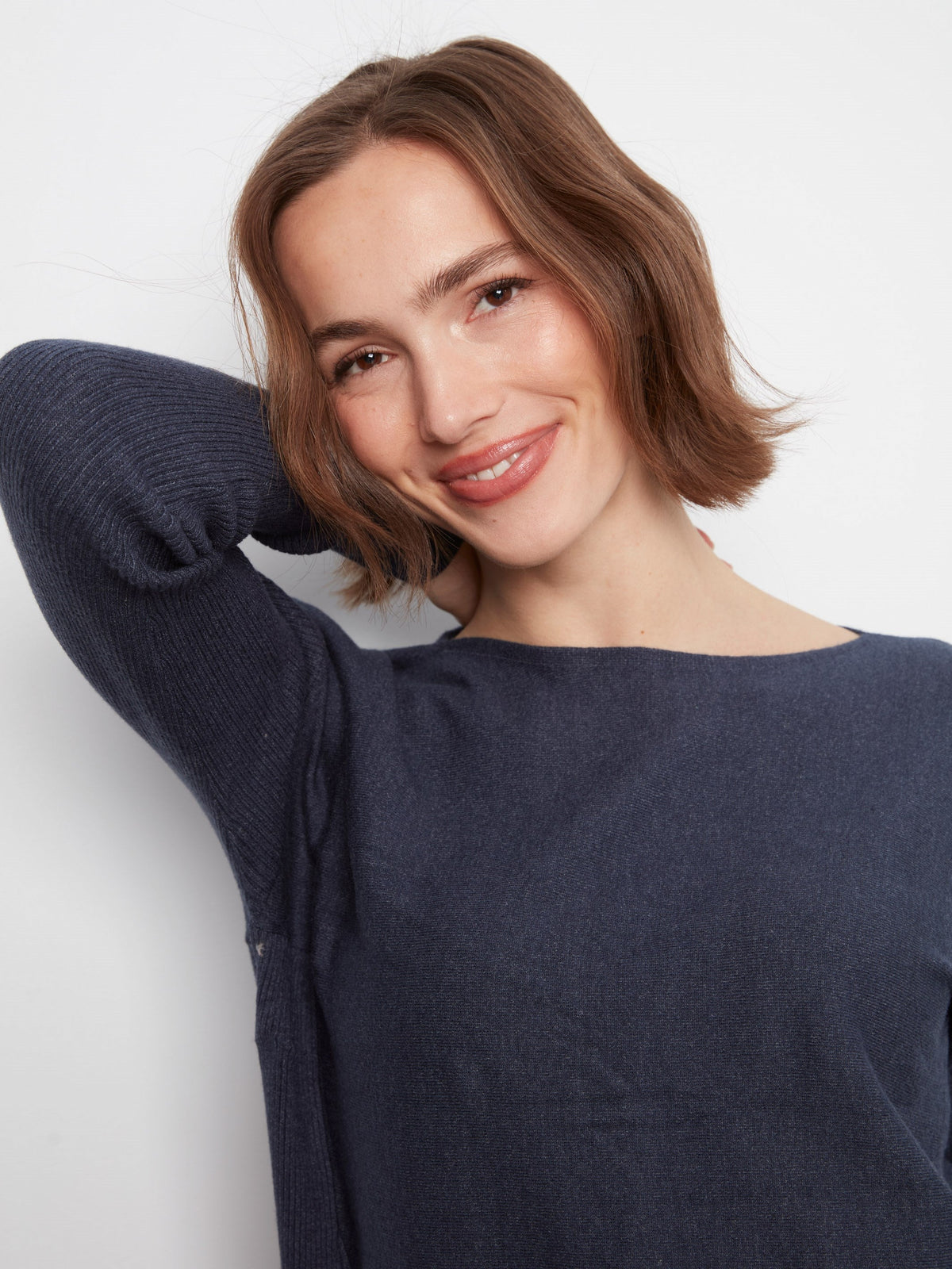 Knit Sweater With Back Lace-Up Detail - Heather Denim