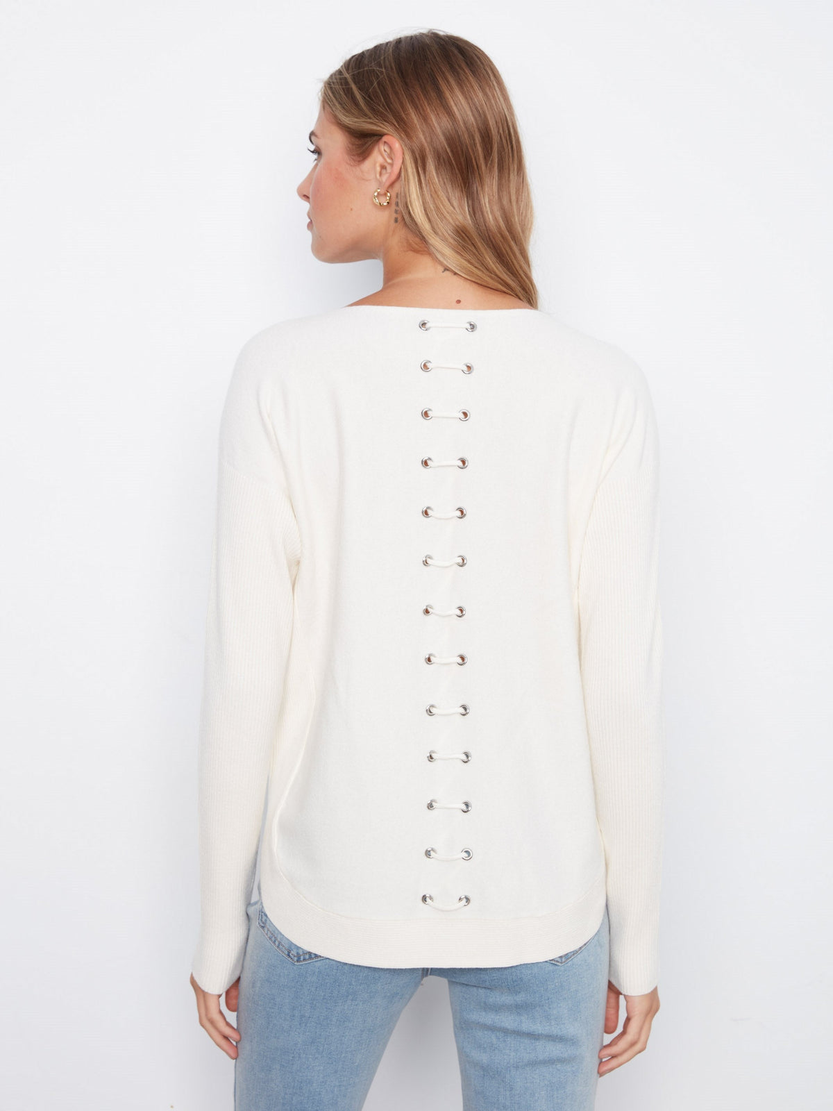 Knit Sweater With Back Lace-Up Detail - Ecru