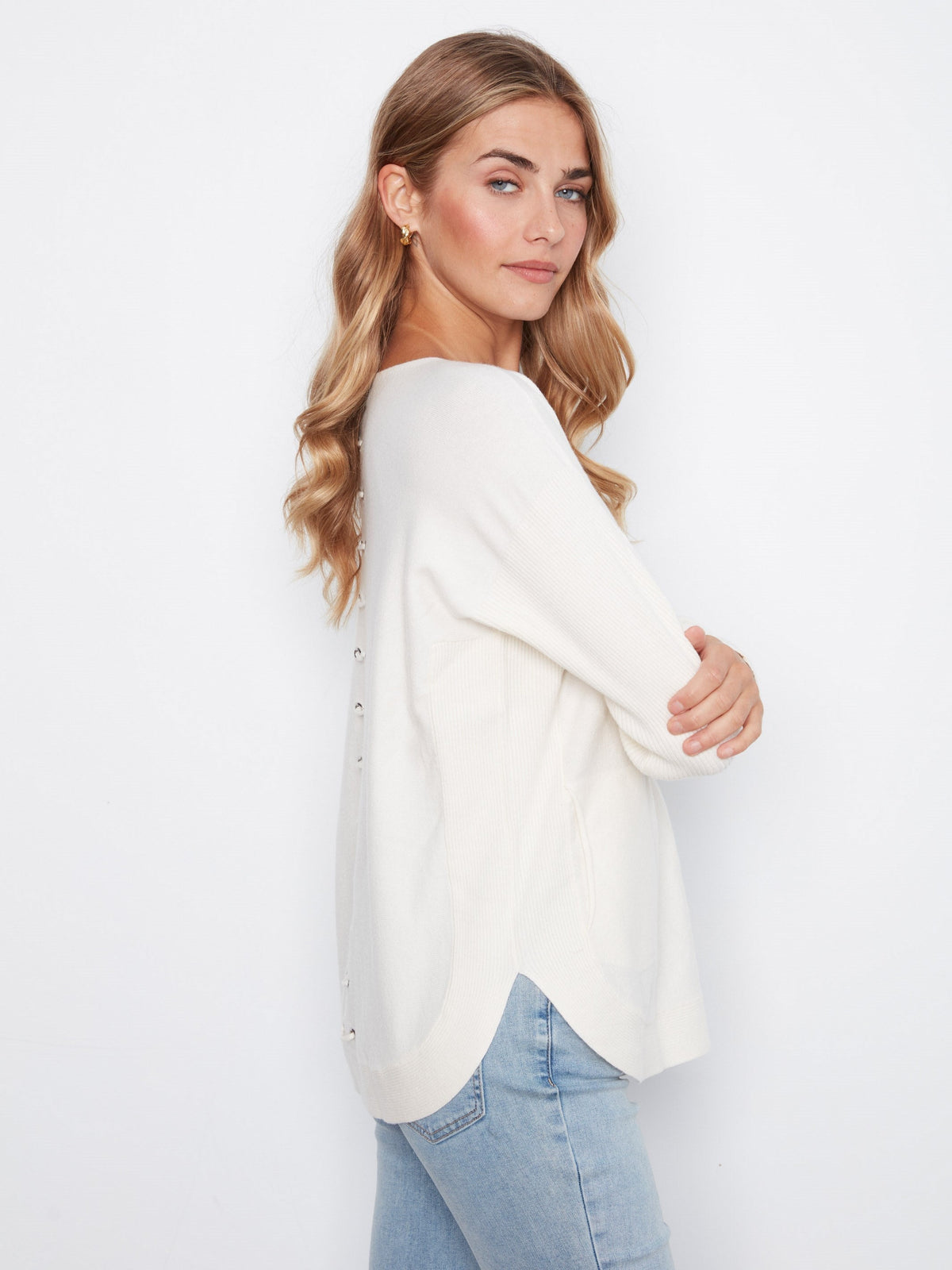 Knit Sweater With Back Lace-Up Detail - Ecru