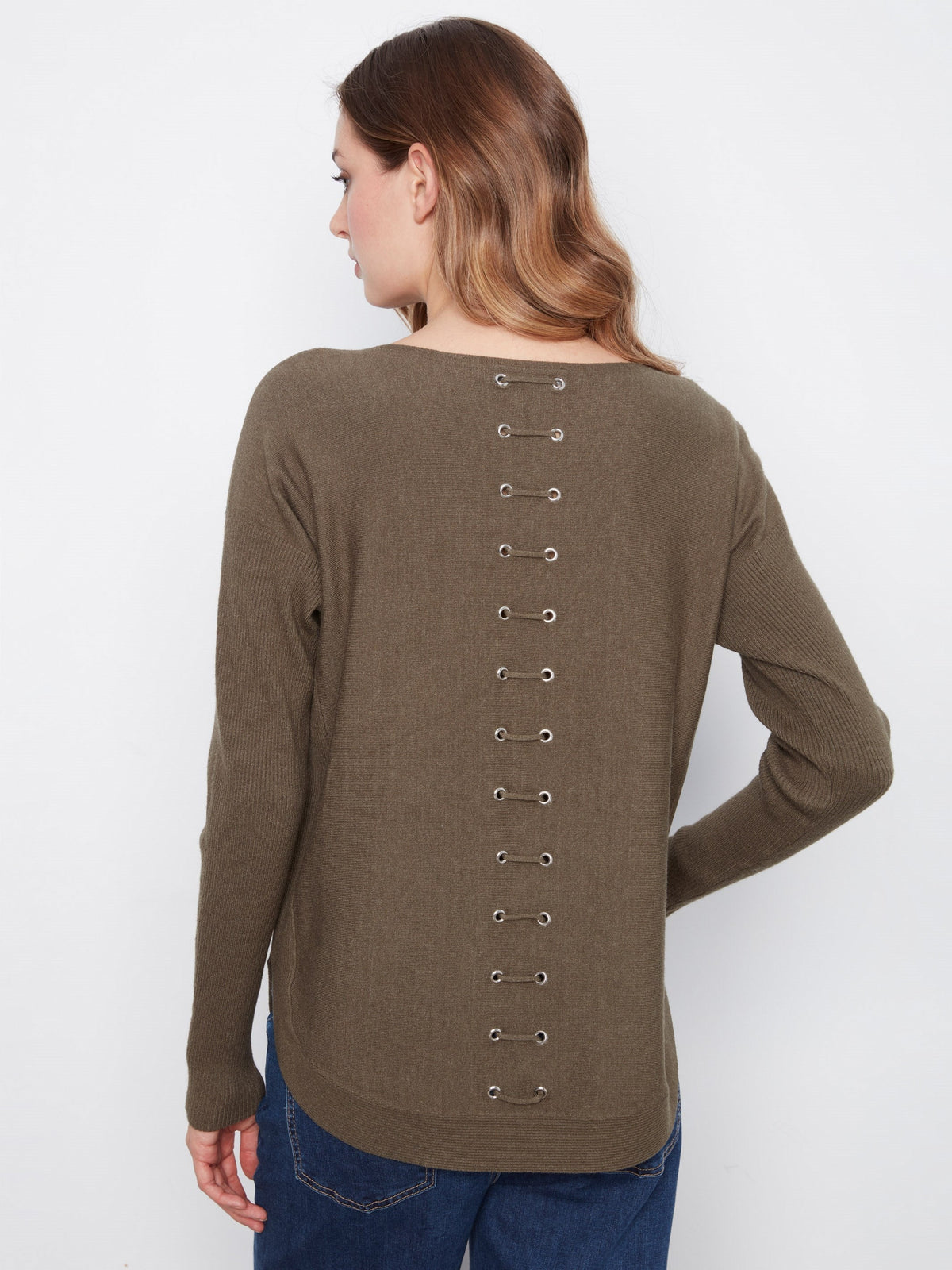 Knit Sweater With Back Lace-Up Detail - Heather Moss
