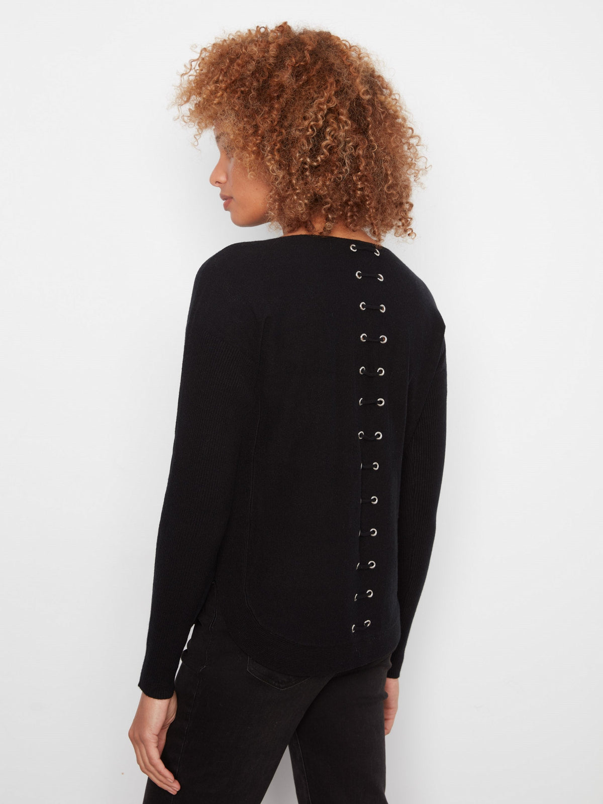 Knit Sweater With Back Lace-Up Detail - Black
