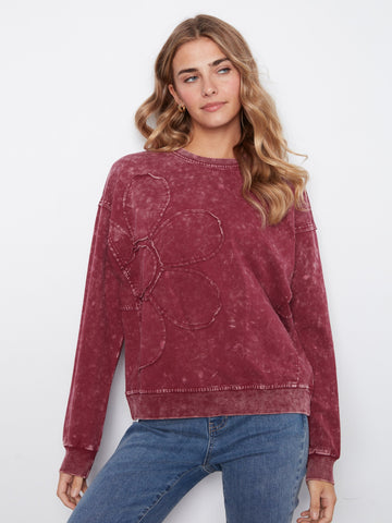 Long Sleeve Top With Flower Appliqué - Merlot