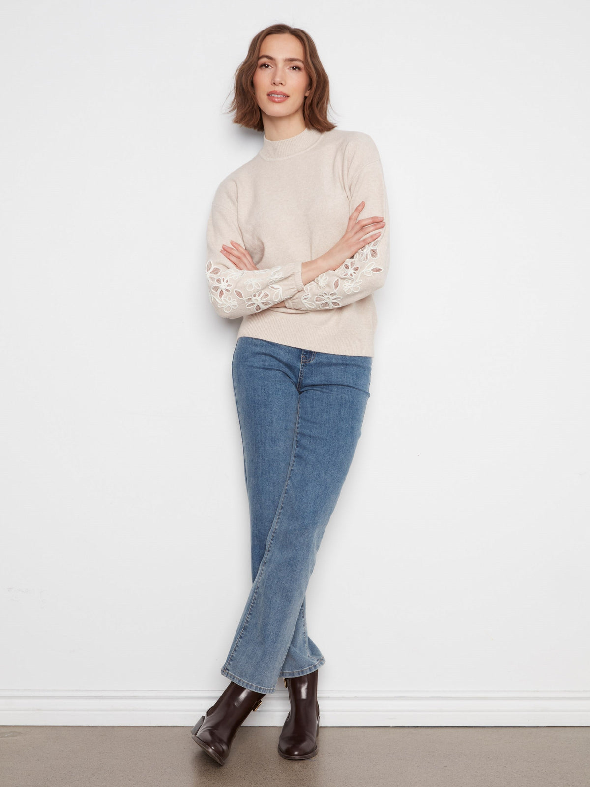 Mock Neck Sweater With Embroidered Flowers - Heather Almond