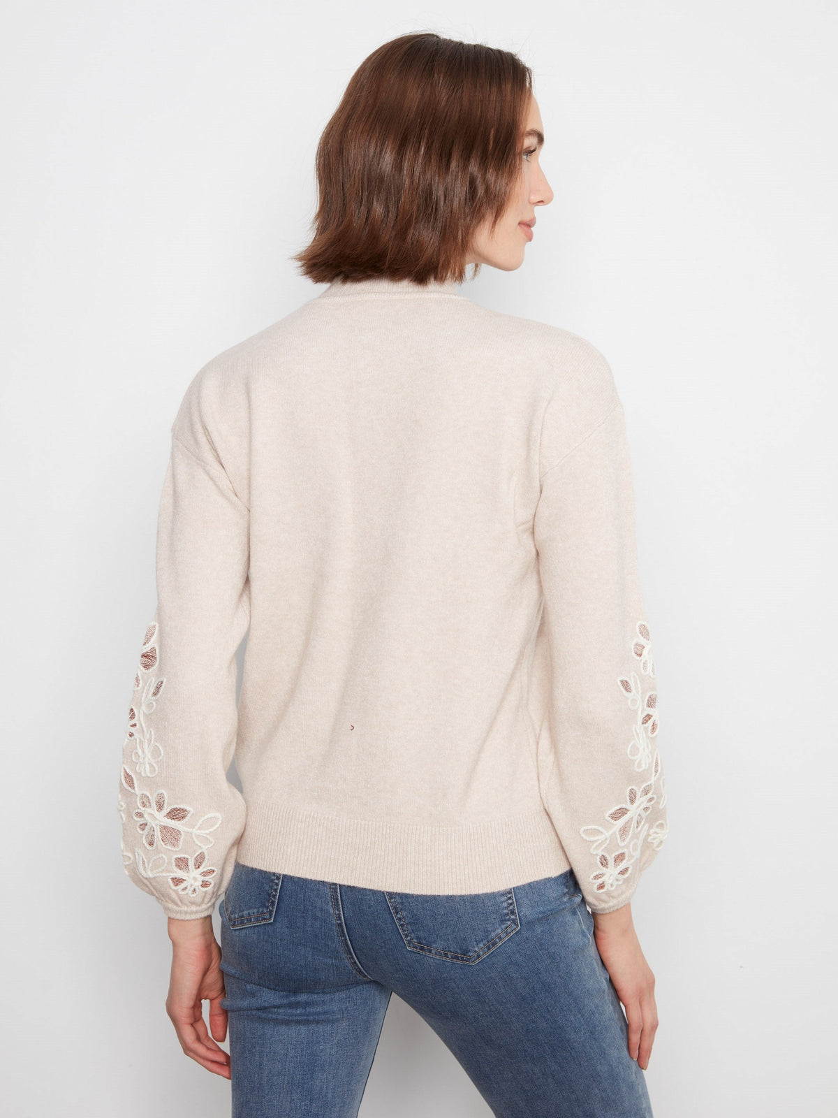 Mock Neck Sweater With Embroidered Flowers - Heather Almond