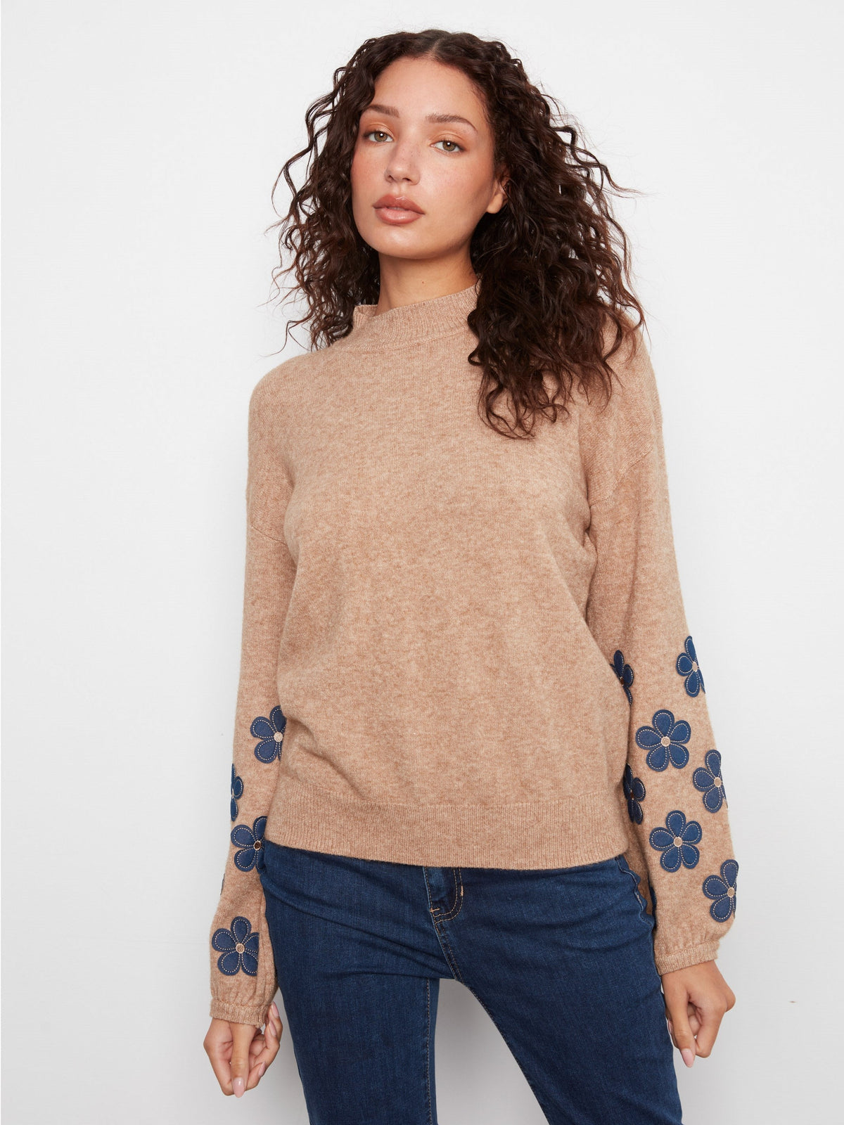Mock Neck Sweater With Floral Patches - Heather Truffle