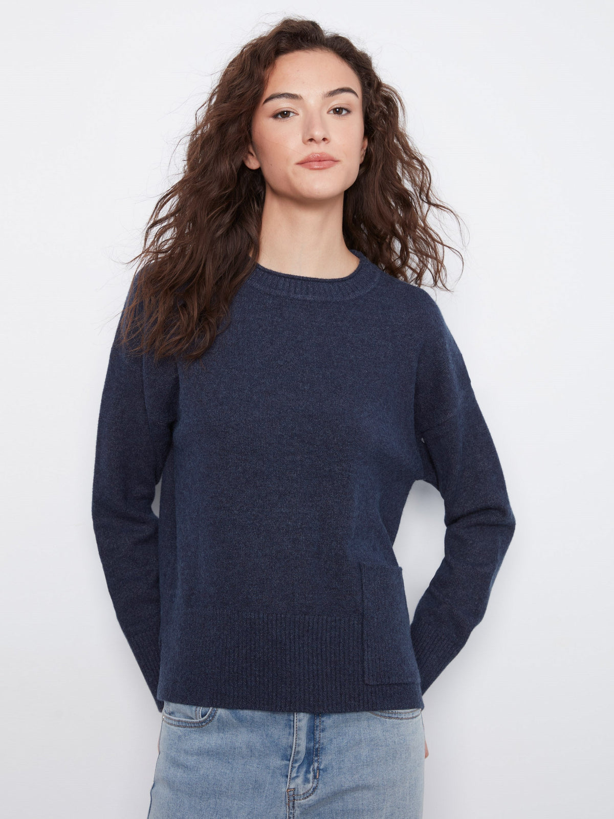 Patch Pocket Crew Neck Sweater - Heather Denim