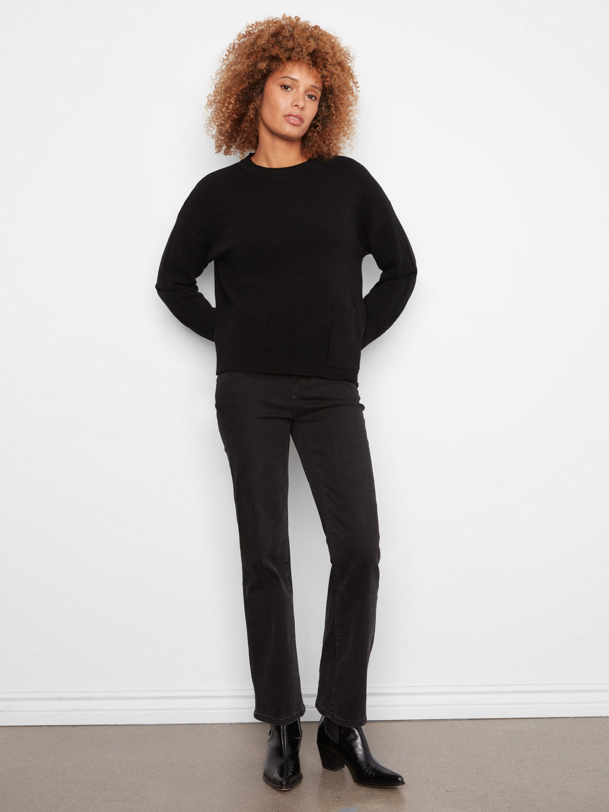 Patch Pocket Crew Neck Sweater - Black