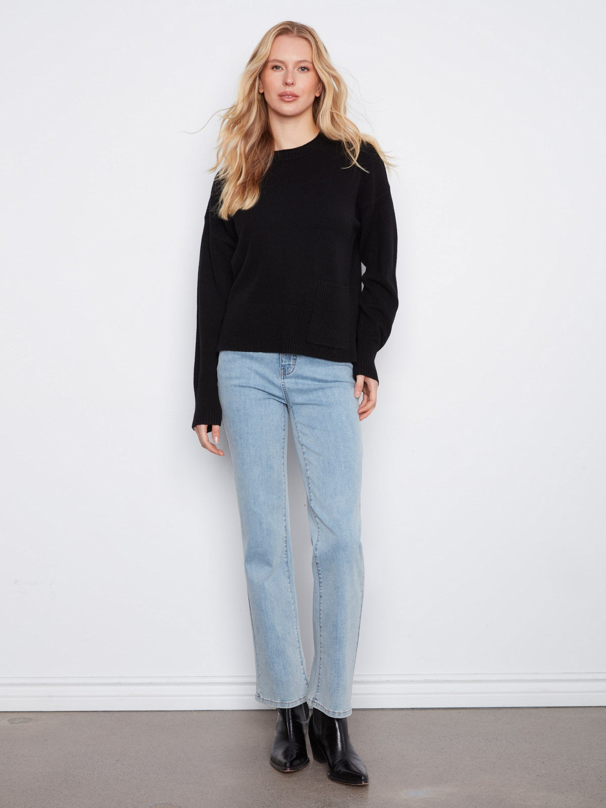 Patch Pocket Crew Neck Sweater - Black