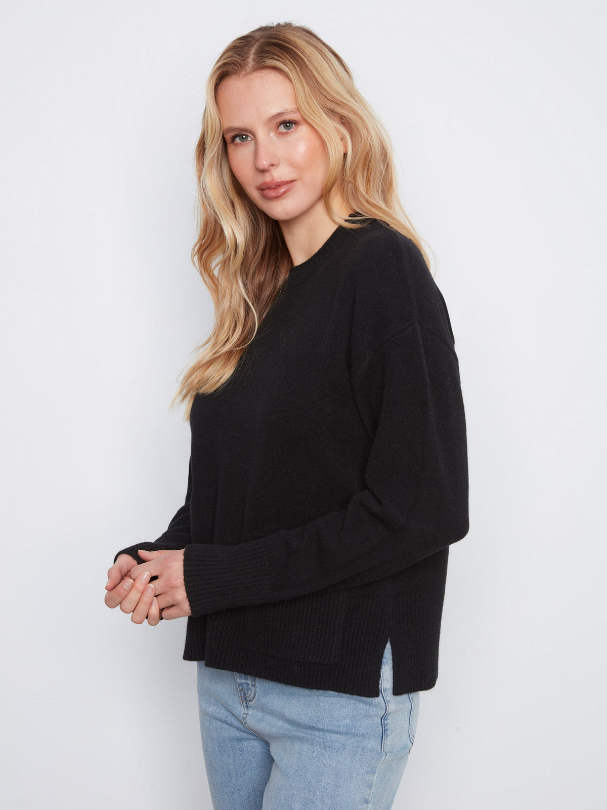 Patch Pocket Crew Neck Sweater - Black