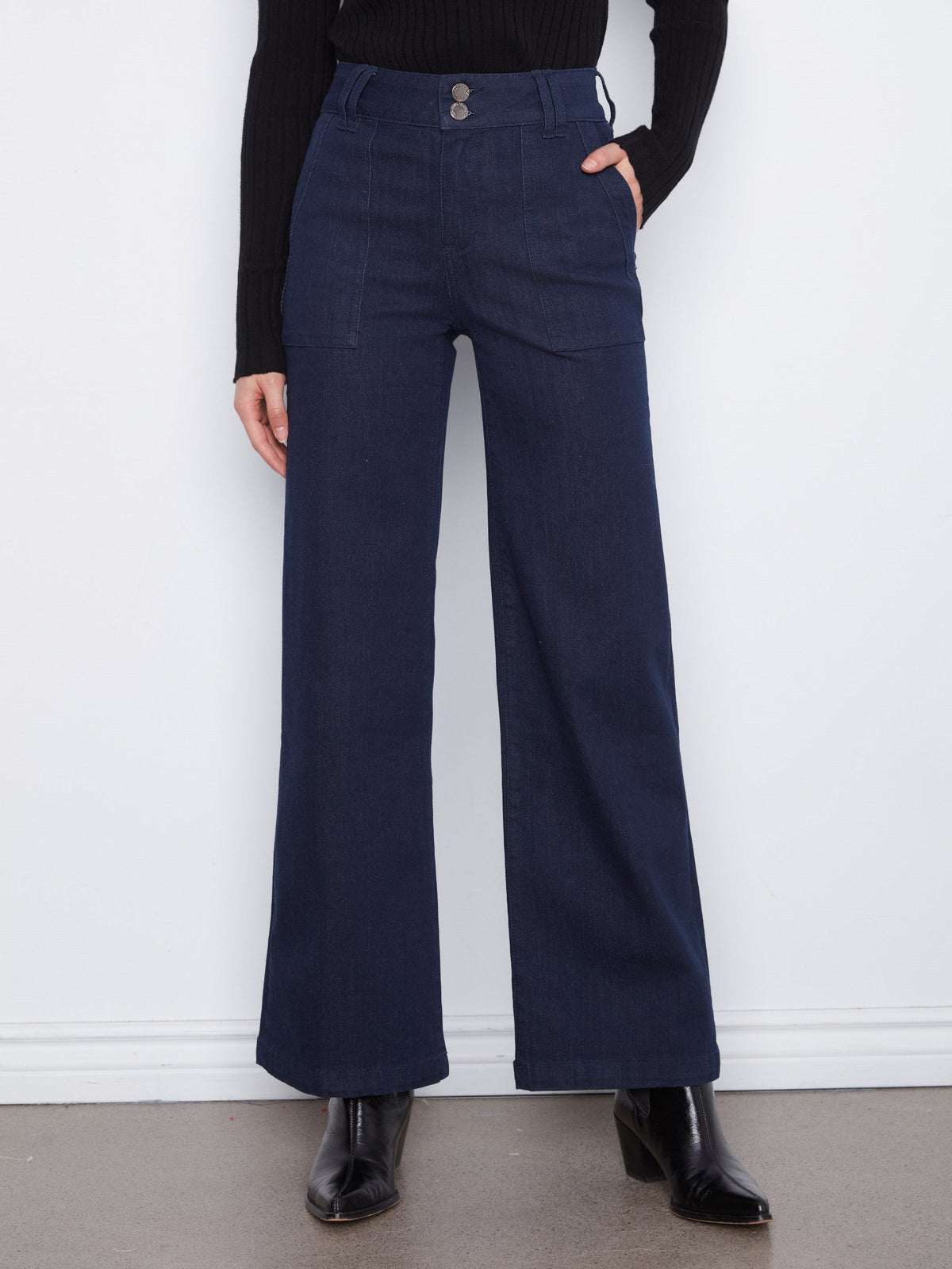 Patch Pocket Wide Leg Jeans With Double Button Waistband - Blue Black