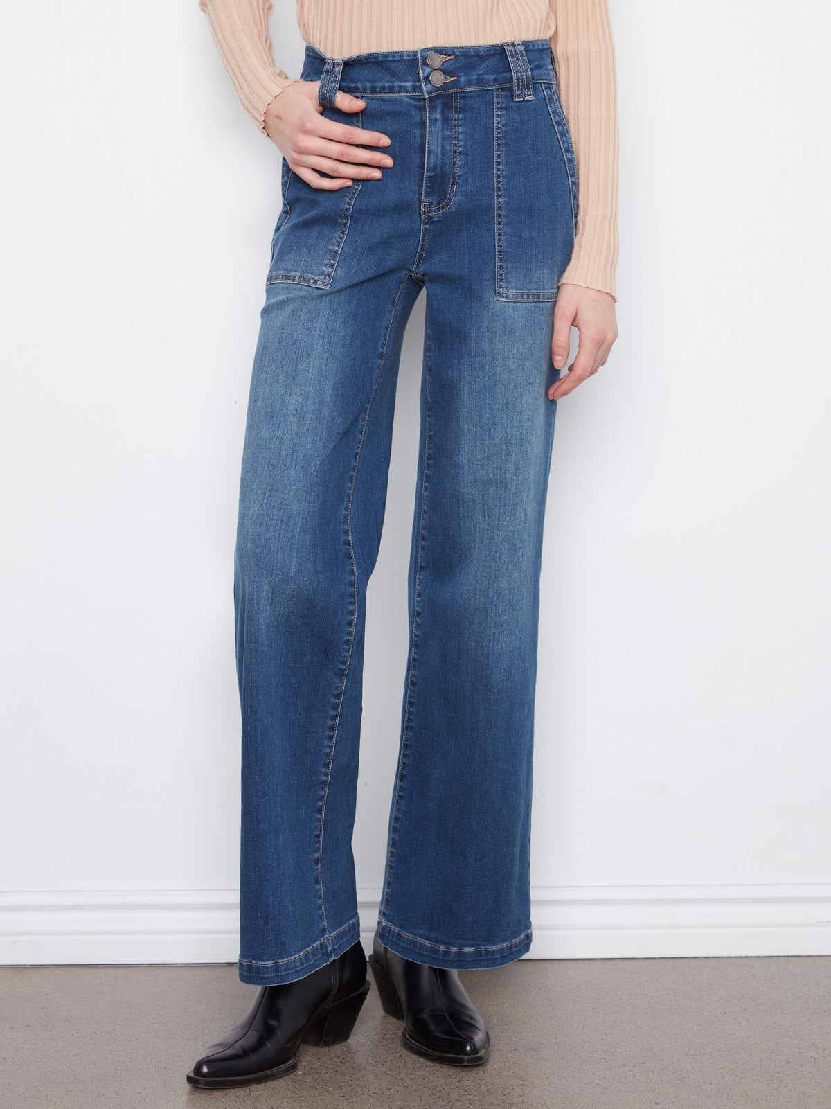 Patch Pocket Wide Leg Jeans With Double Button Waistband - Washed Indigo