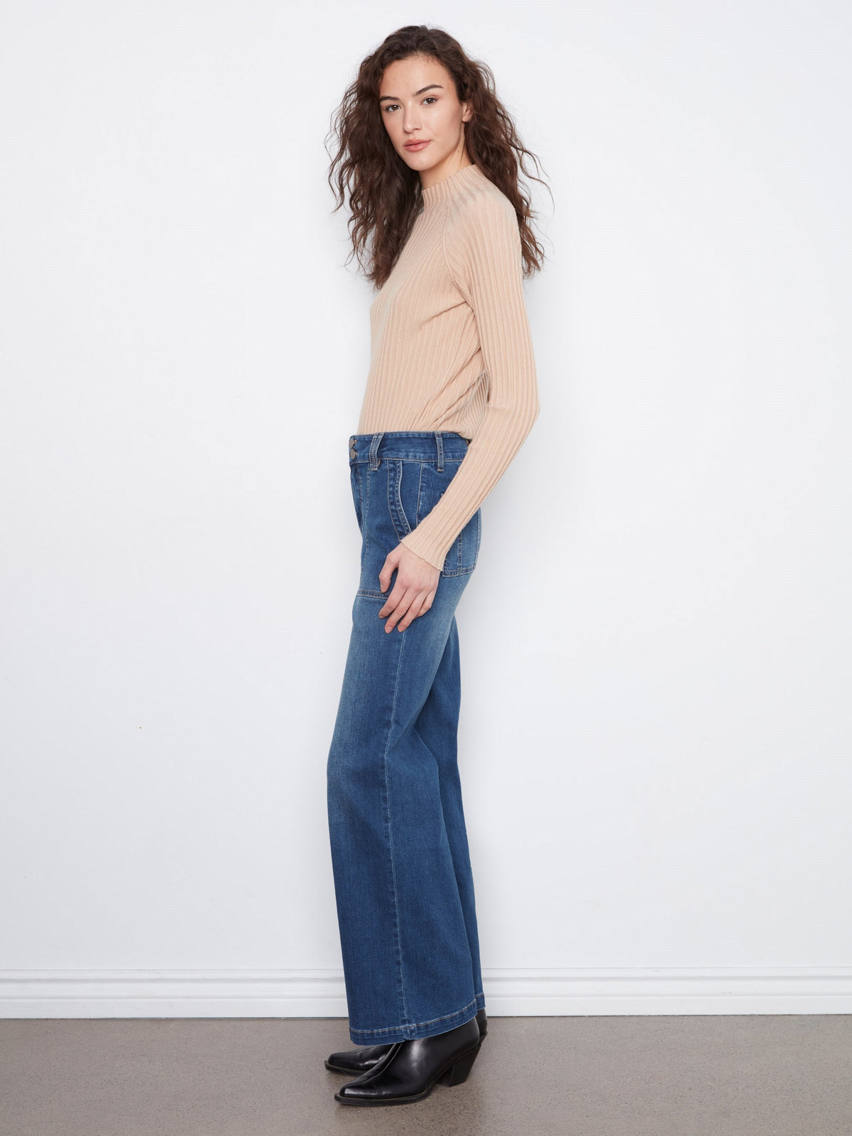 Patch Pocket Wide Leg Jeans With Double Button Waistband - Washed Indigo