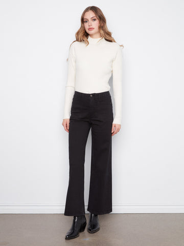 Patch Pocket Wide Leg Twill Pants - Black