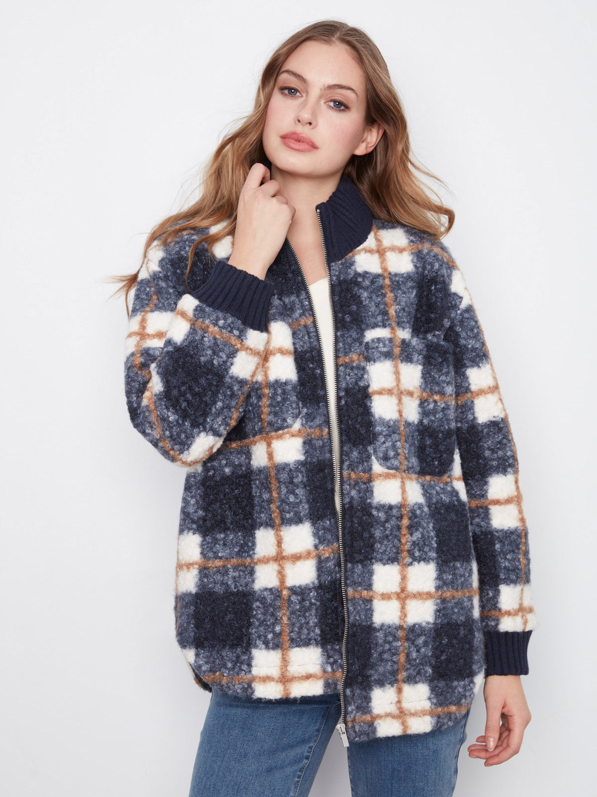 Plaid Bouclé Zip-Up Jacket - Midnight