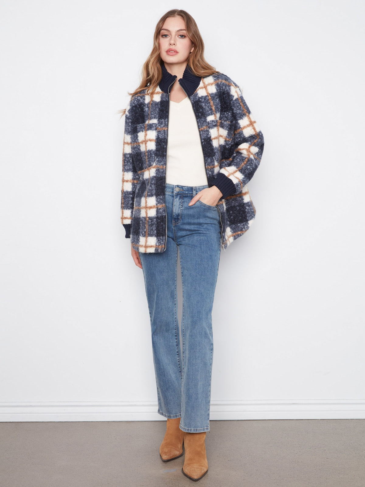 Plaid Bouclé Zip-Up Jacket - Midnight