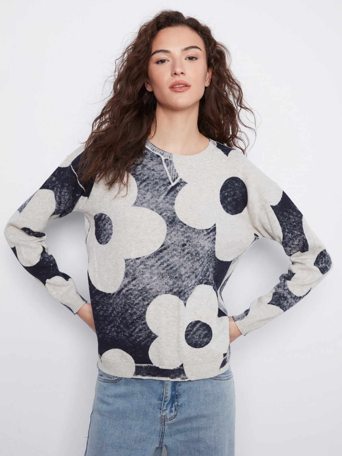 Printed Cotton Crew Neck Sweater - Navy