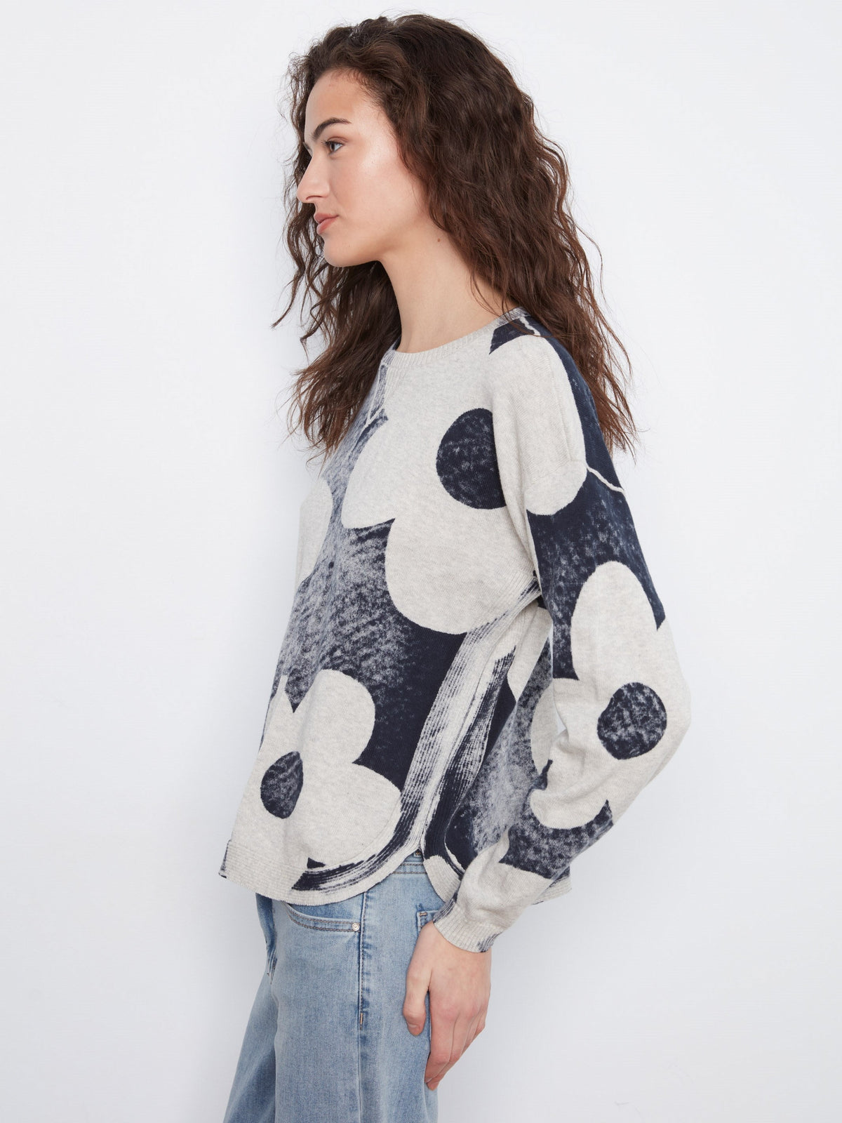 Printed Cotton Crew Neck Sweater - Navy