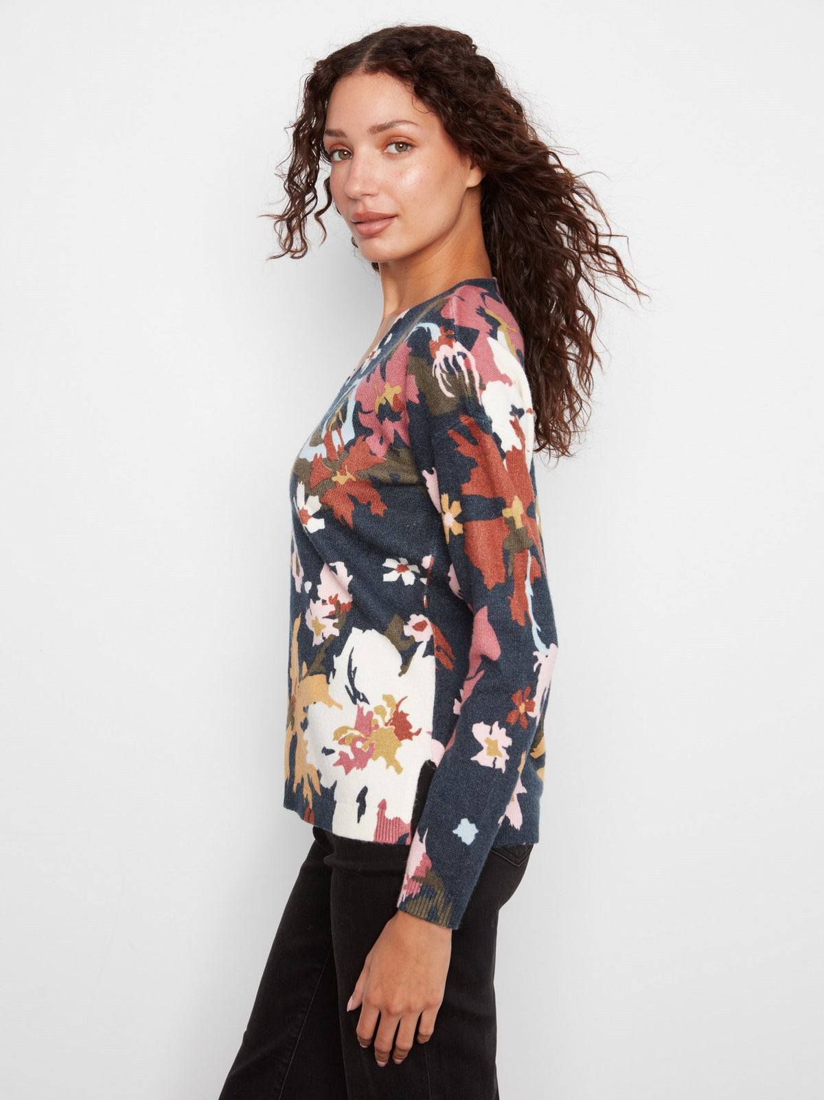 Printed Plush Knit V-Neck Sweater - Bloom