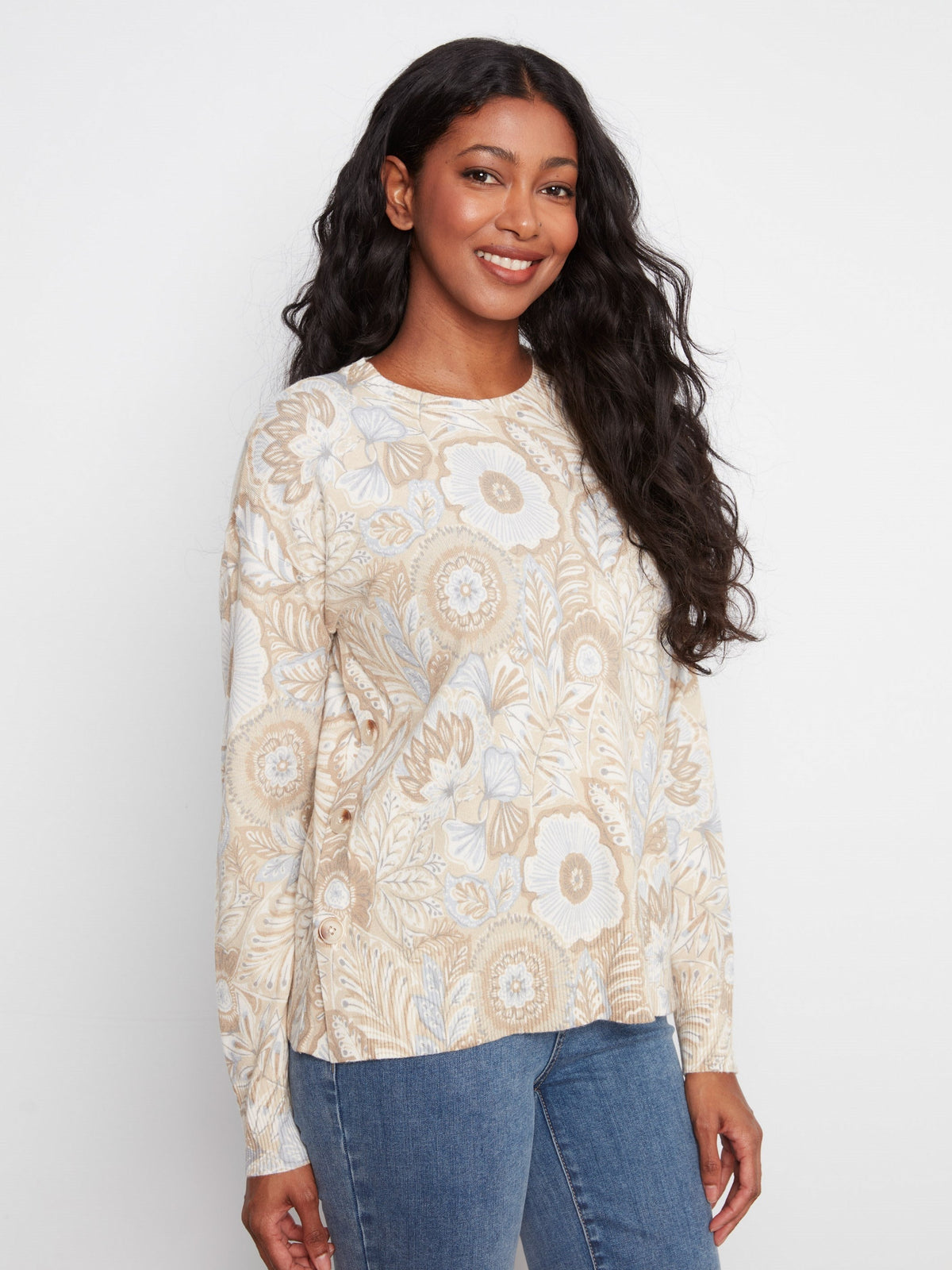 Printed Sweater With Side Buttons - Bliss